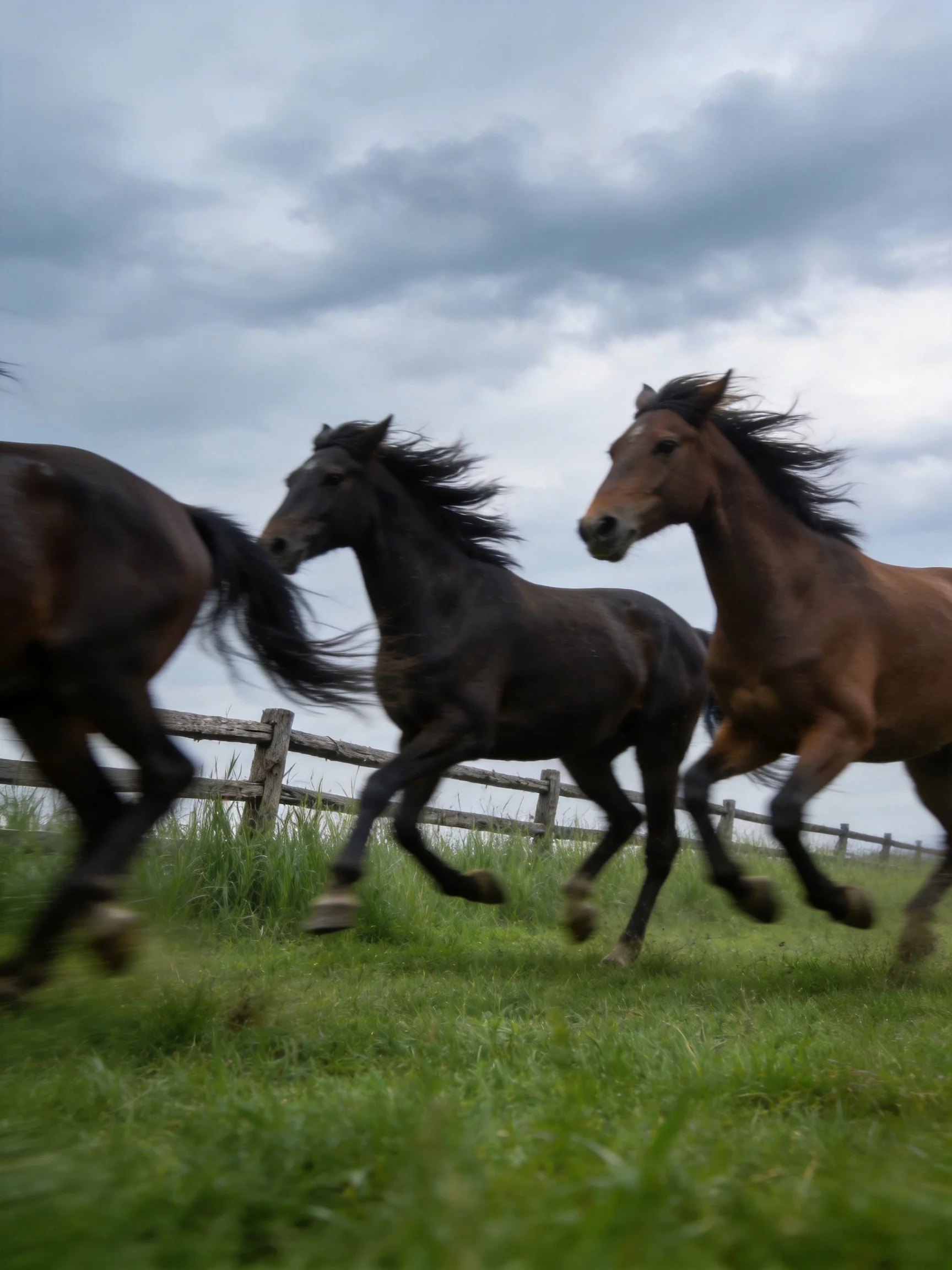 Three horses gallop through lush green pasture near weathered wood fence