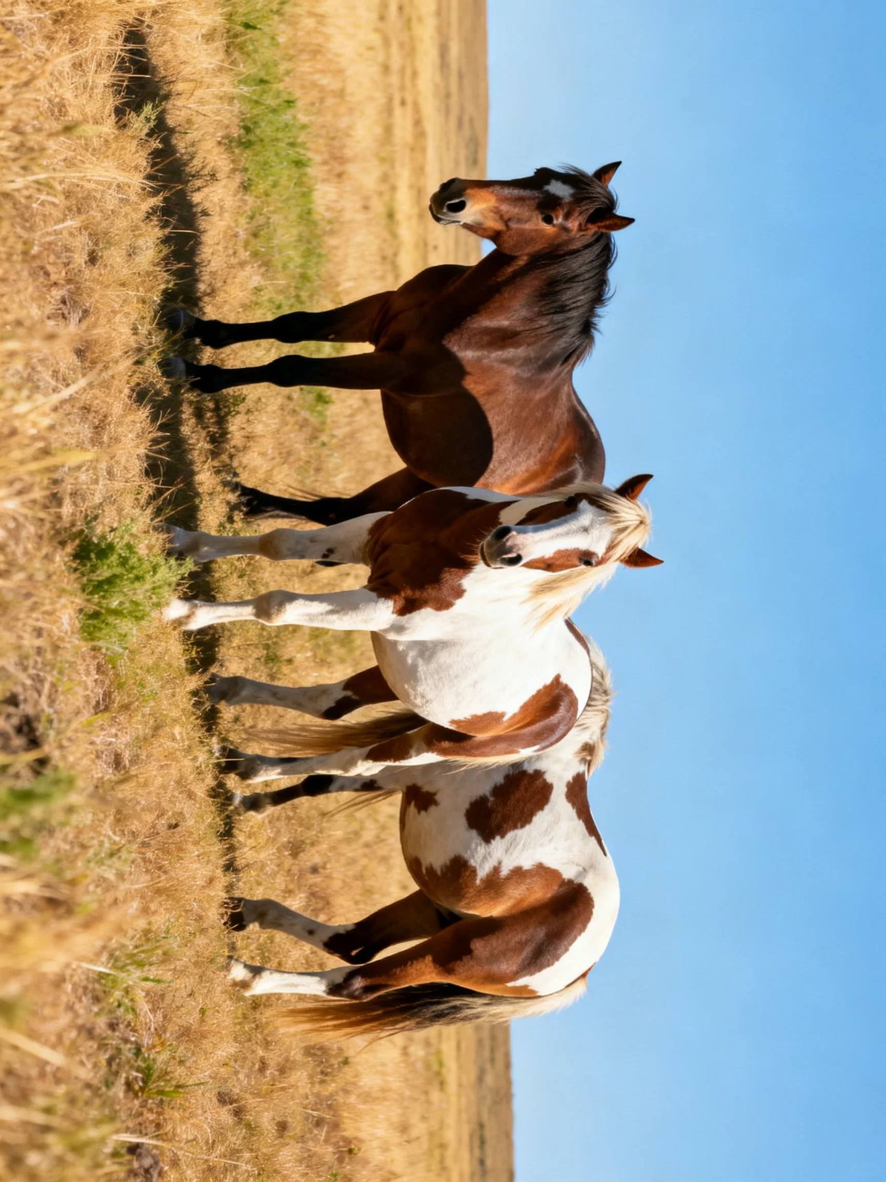Three horses gather in a sunlit open field—with brown, white, and spotted coats