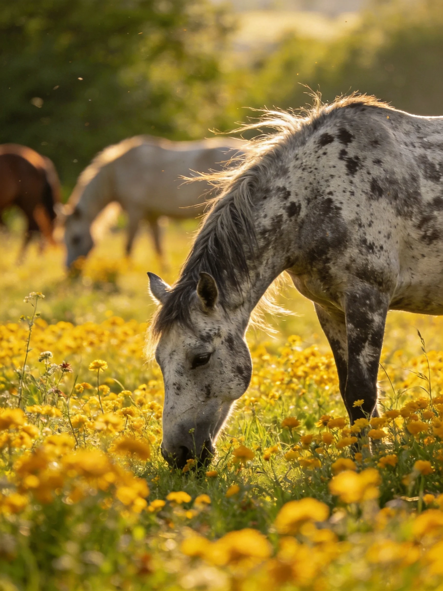 Three horses graze amid vibrant yellow wildflowers in a sun-drenched meadow