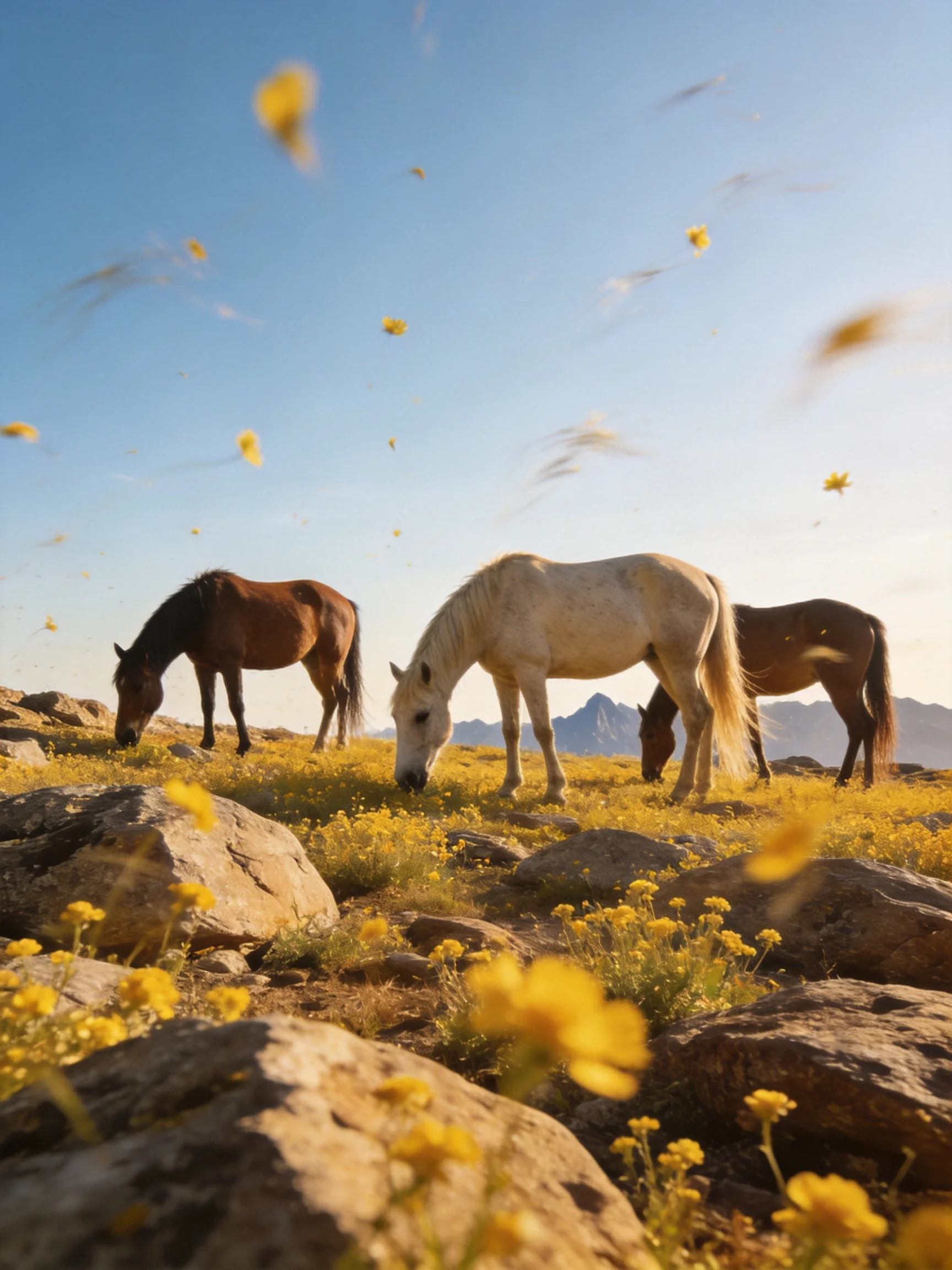 Three horses graze among yellow wildflowers on rocky terrain under a clear blue sky