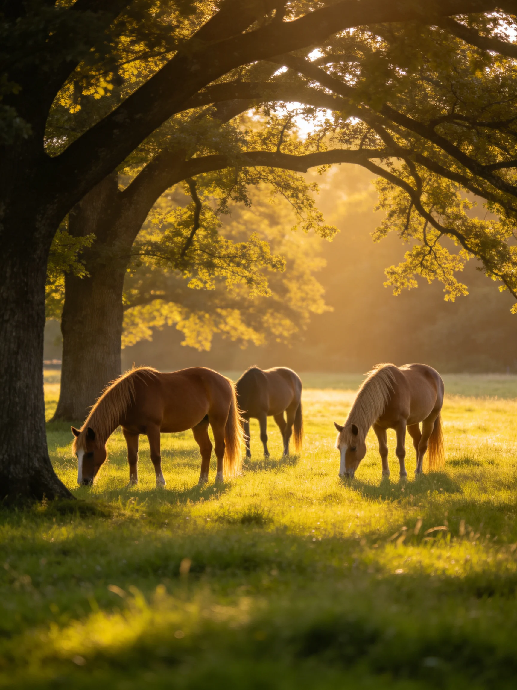 Three horses graze beneath sprawling oak trees in golden sunlight