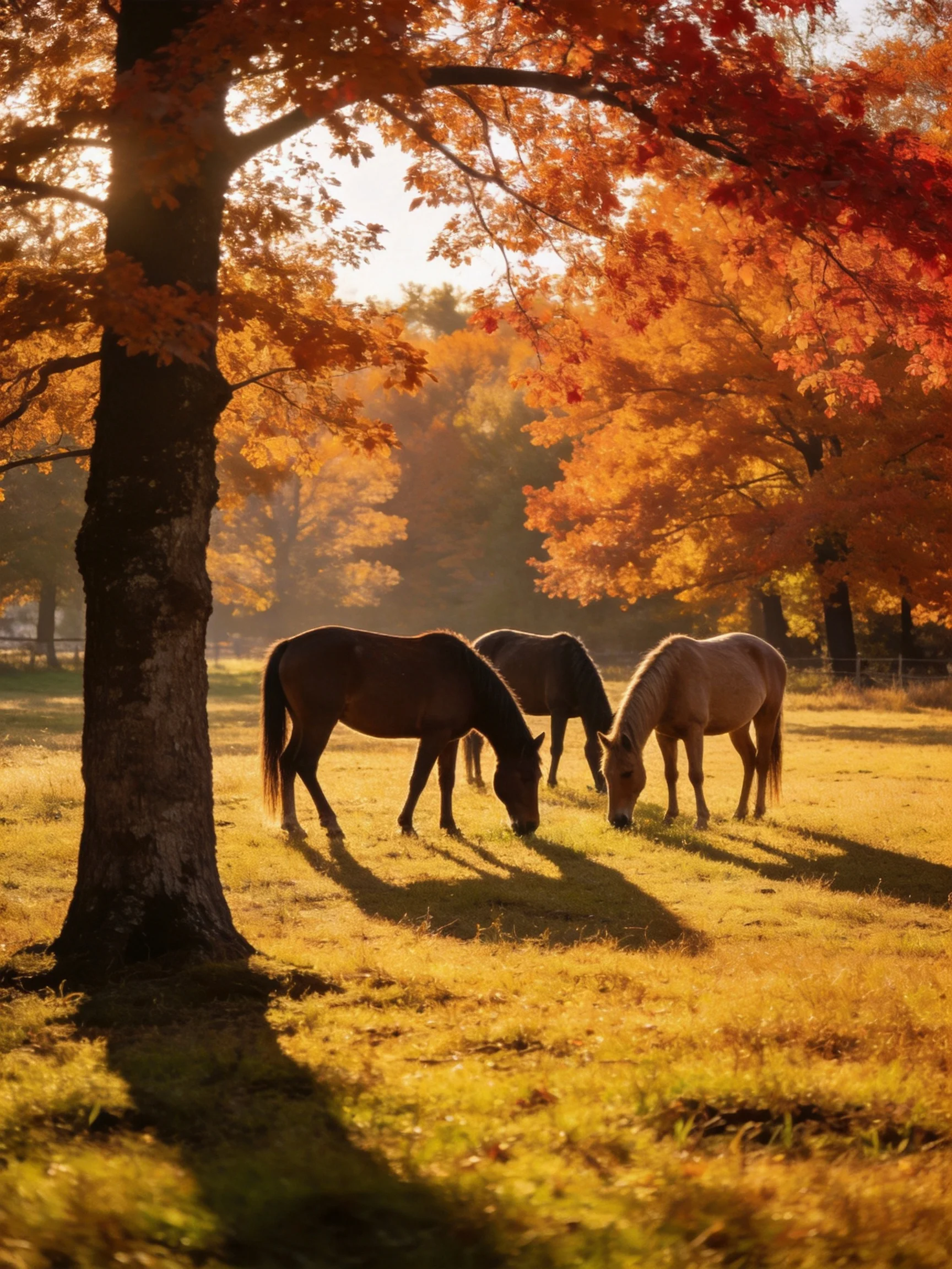 Three horses graze beneath vibrant autumn trees in golden sunlight