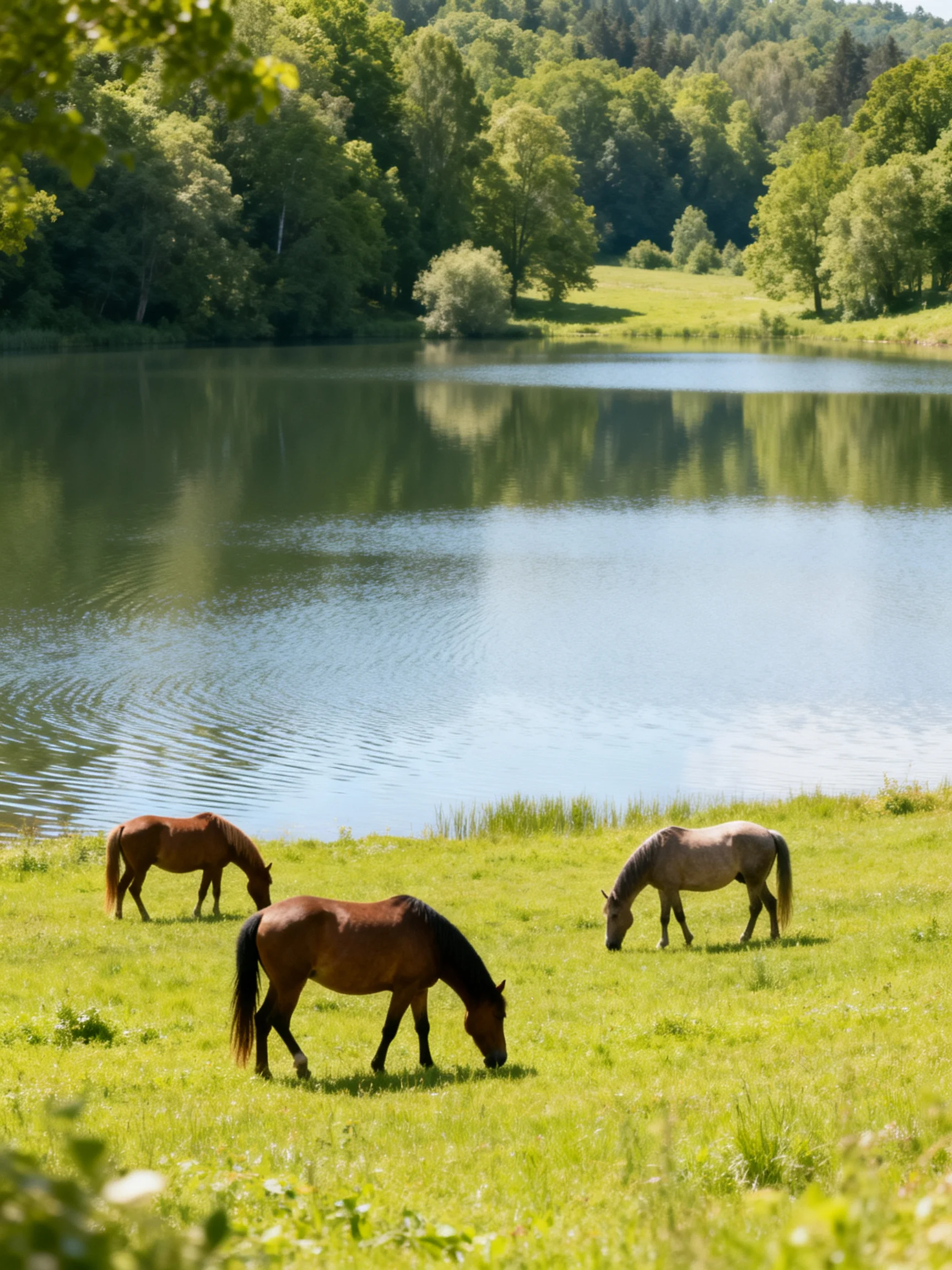 Three horses graze by a serene blue lake amid lush greenery