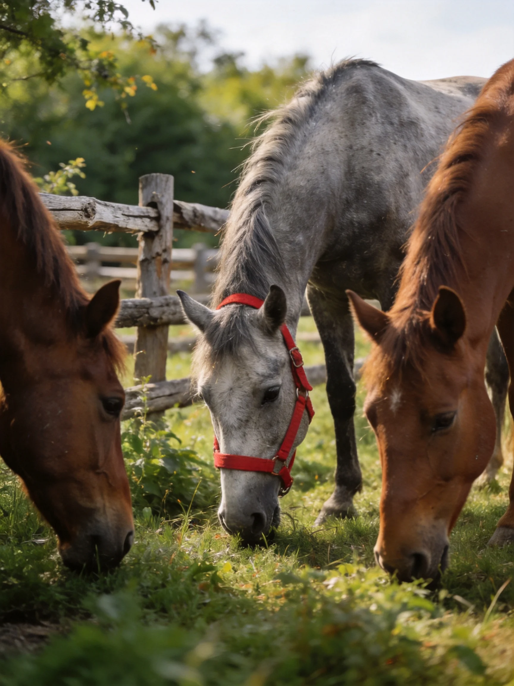 Three horses graze by a weathered wooden fence in a sunlit pasture
