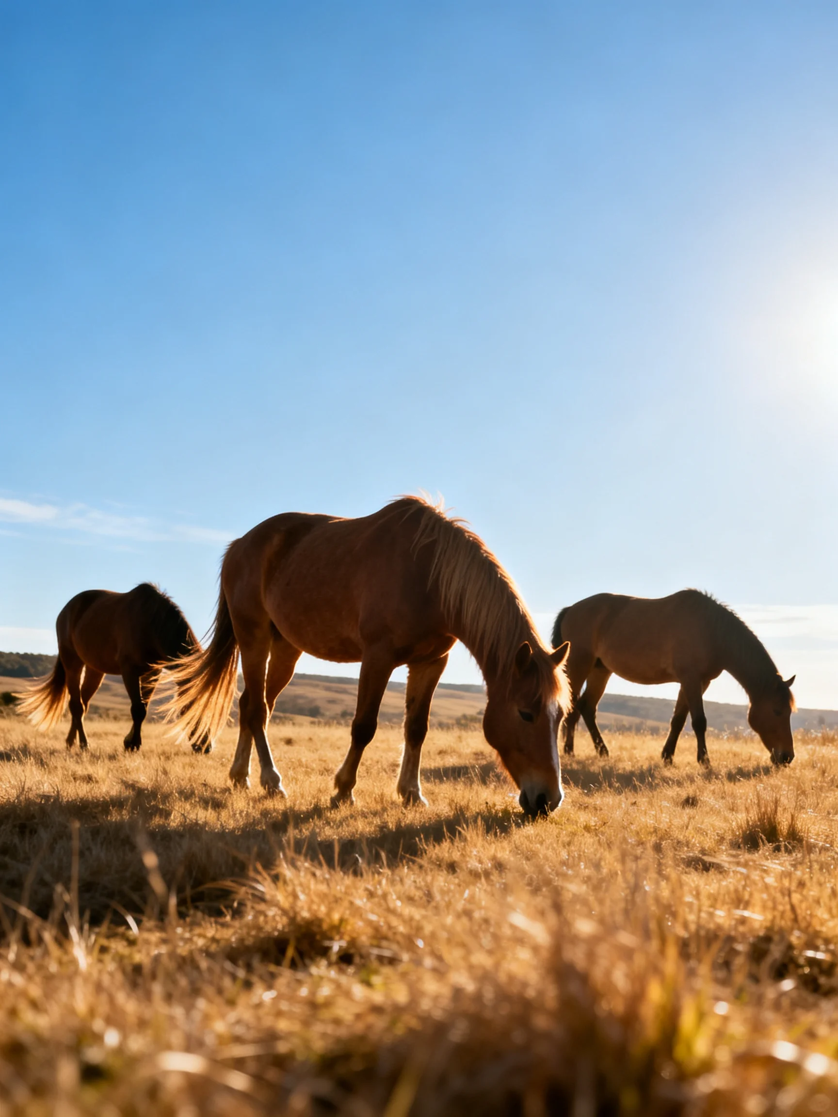 Three horses graze in a golden field beneath a clear blue sky