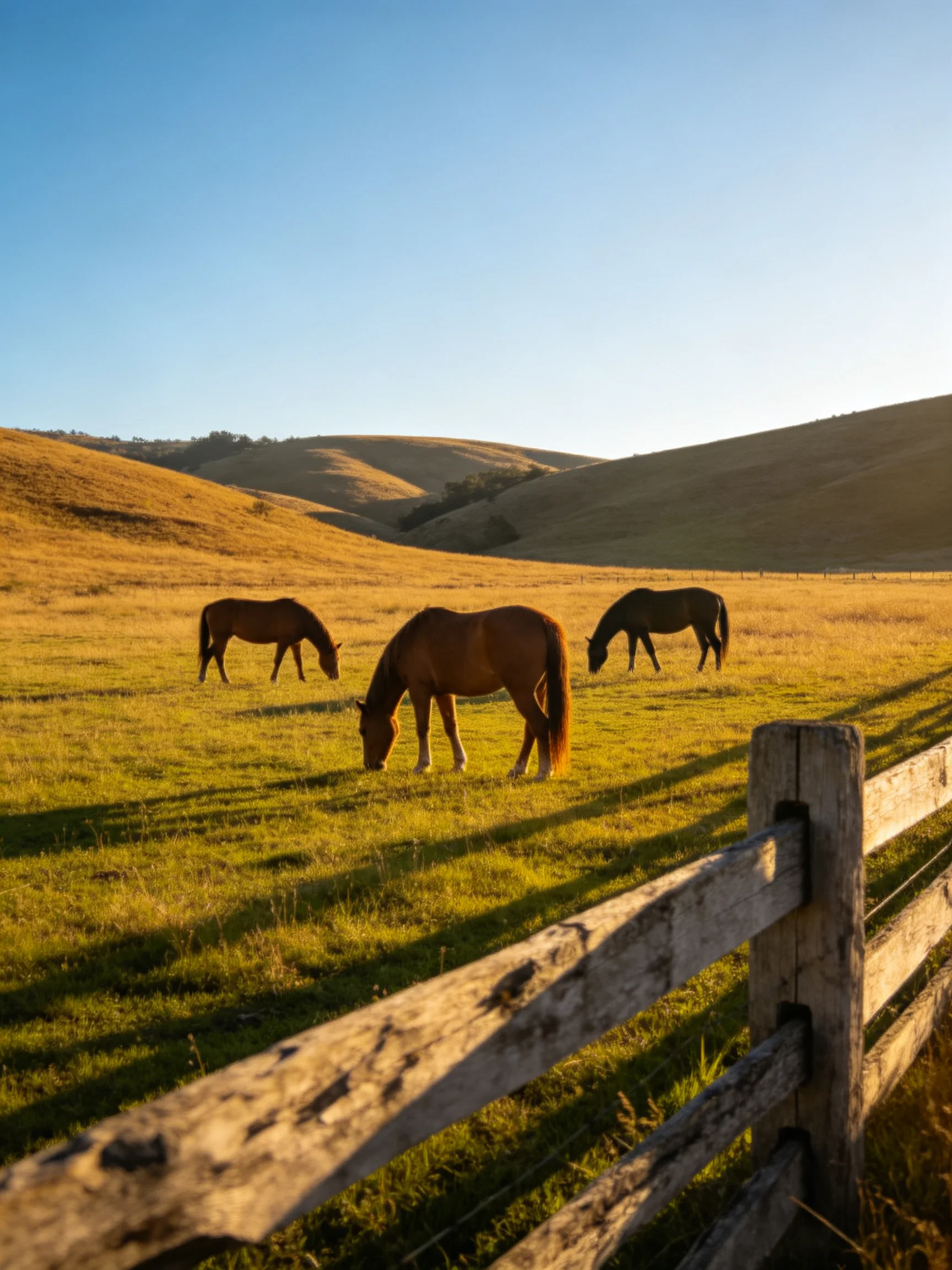 Three horses graze in a golden field near rolling hills