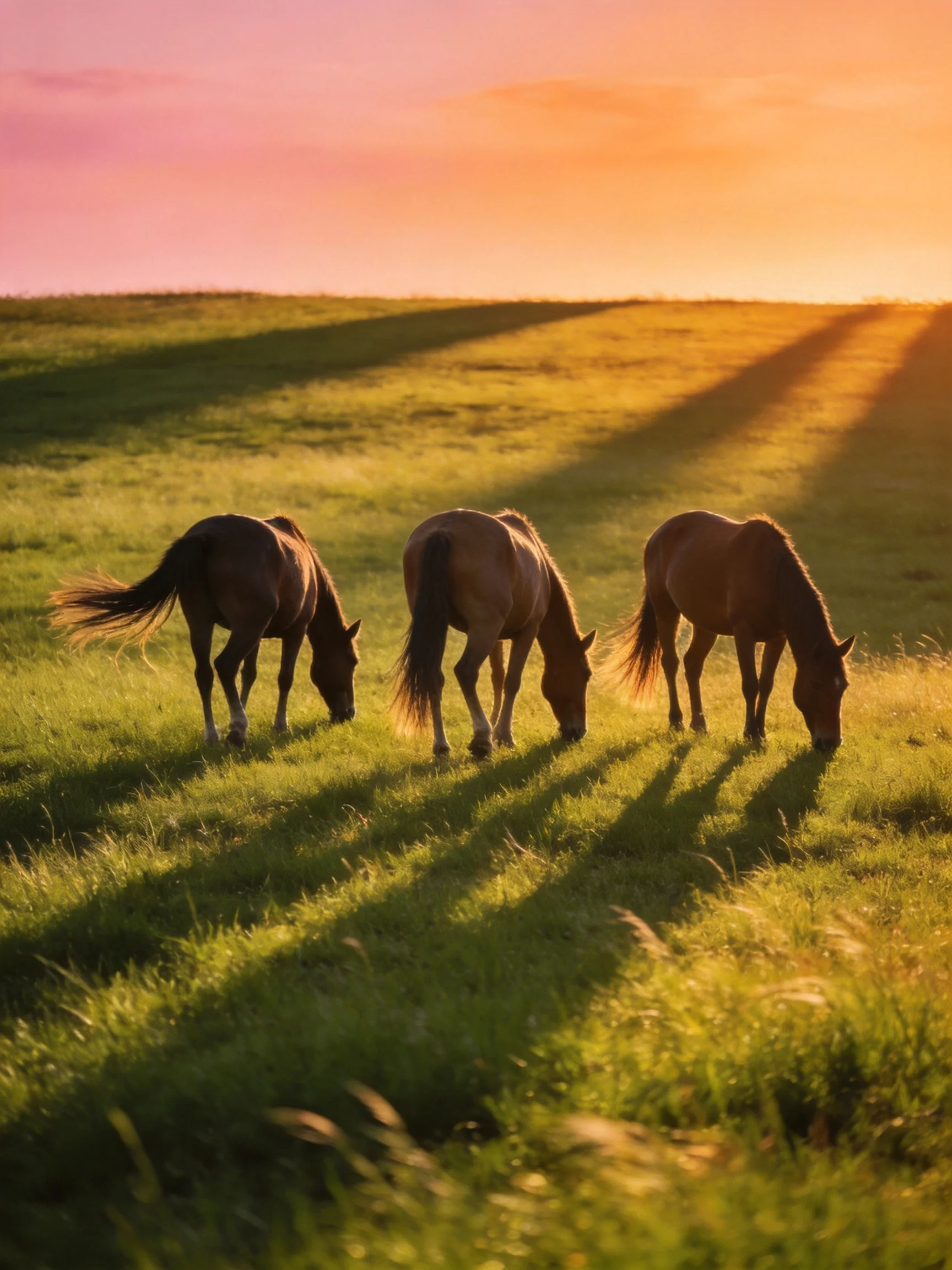 Three horses graze in a golden meadow under a pink-orange sunset