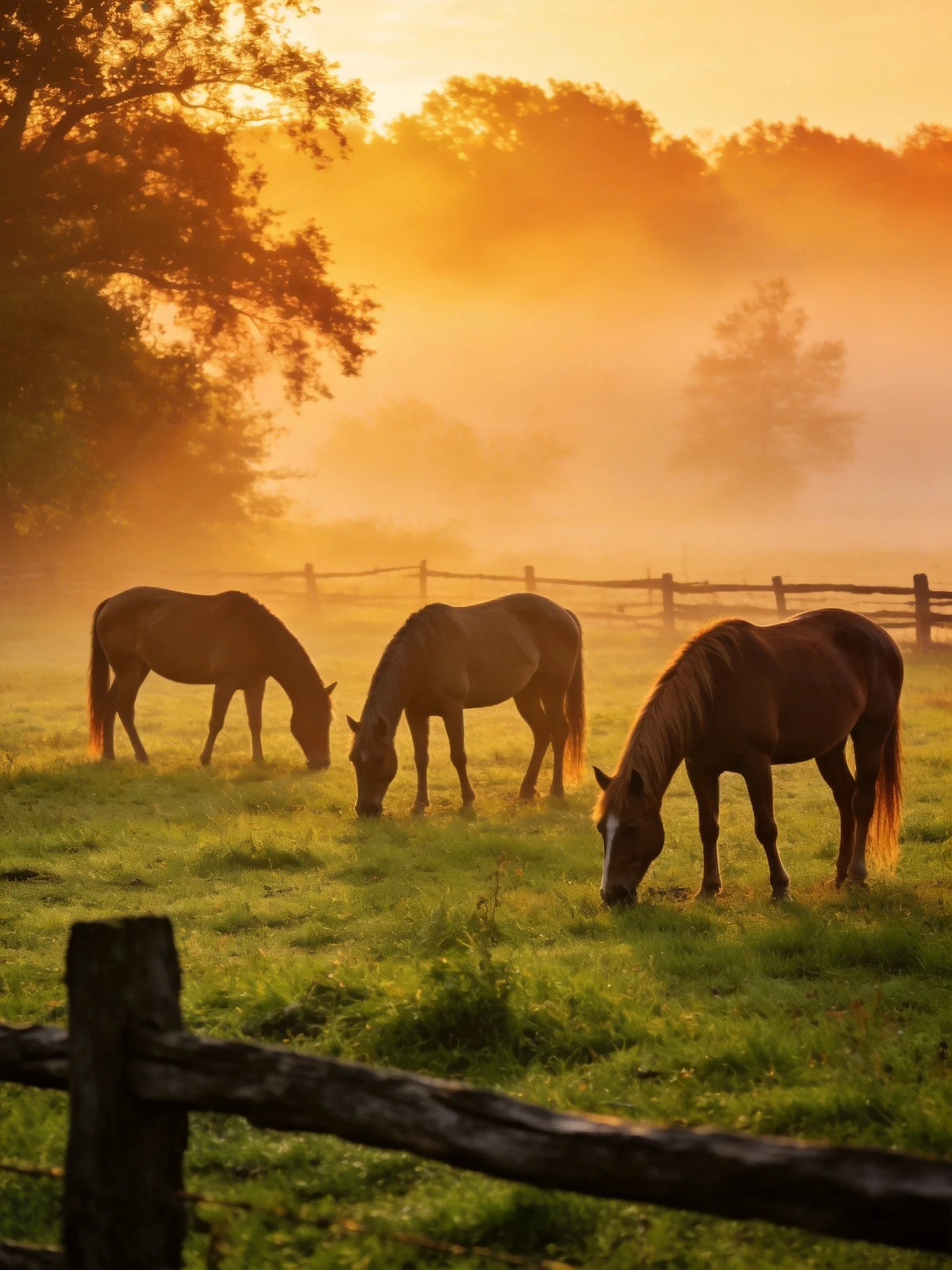 Horses graze in a sunlit, misty pasture at dawn.