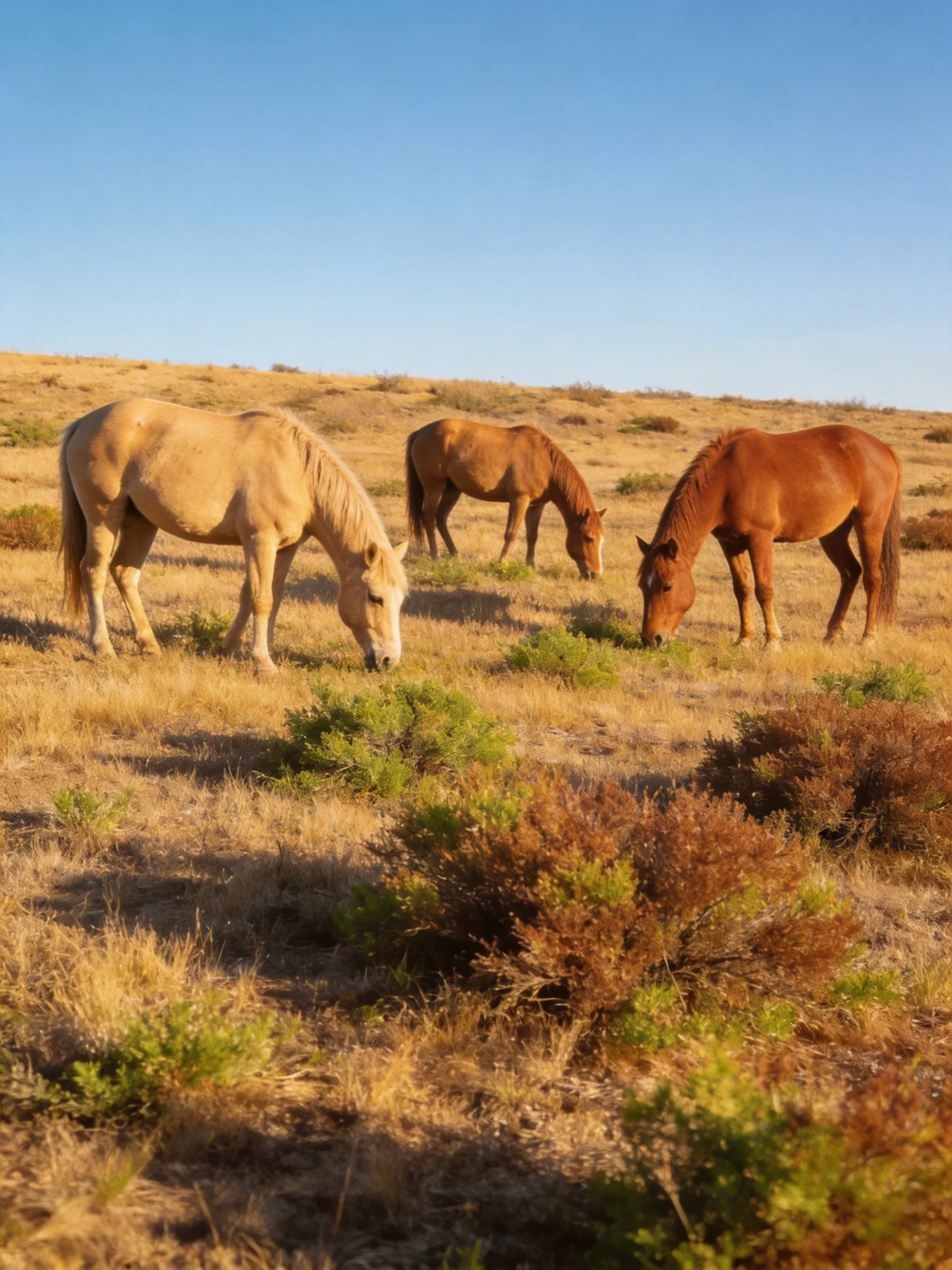 Three horses graze in a golden open field with clear blue sky