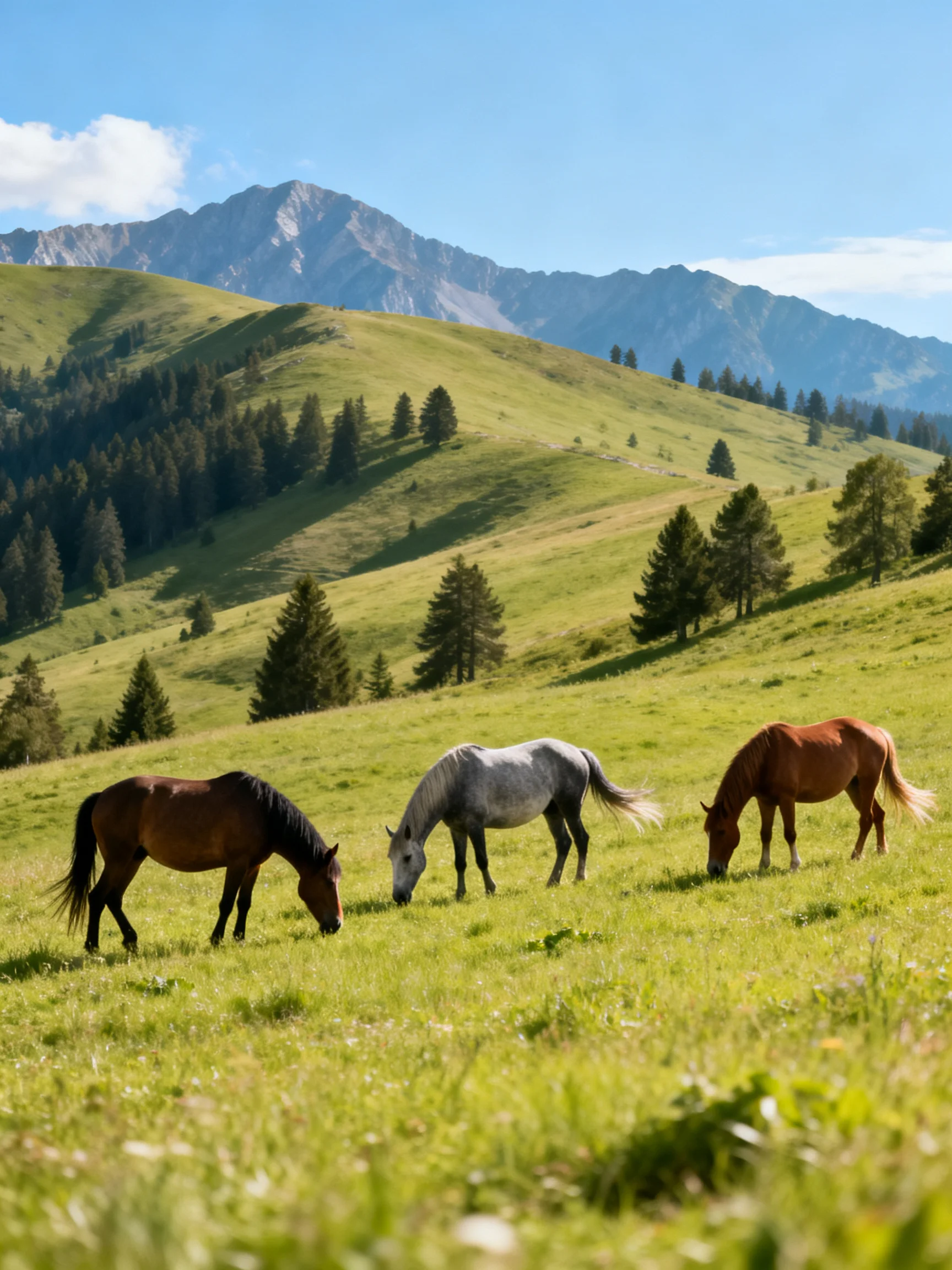 Three horses graze in a vibrant mountain meadow under clear skies