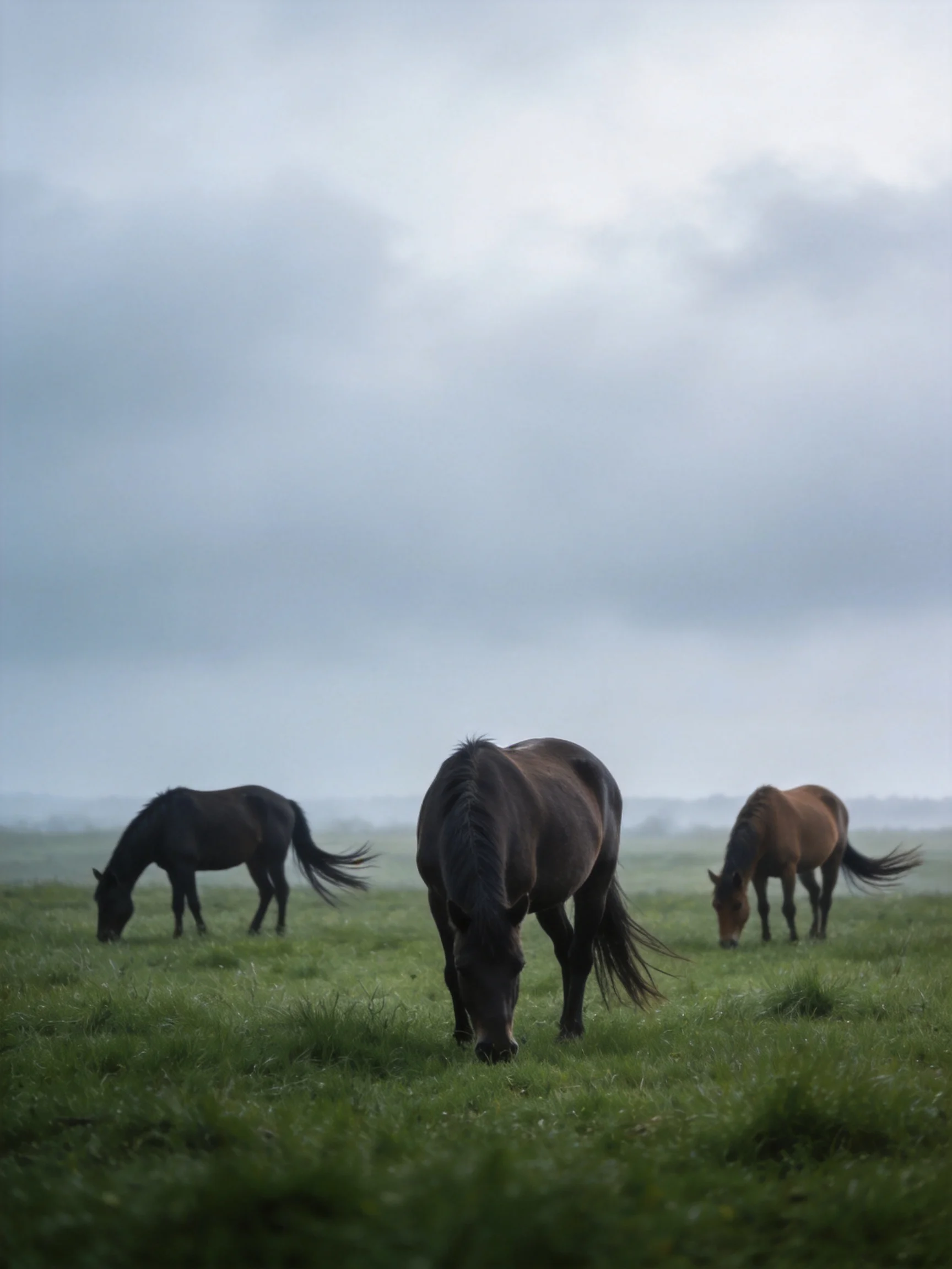 Three horses graze in a lush green meadow under an overcast sky