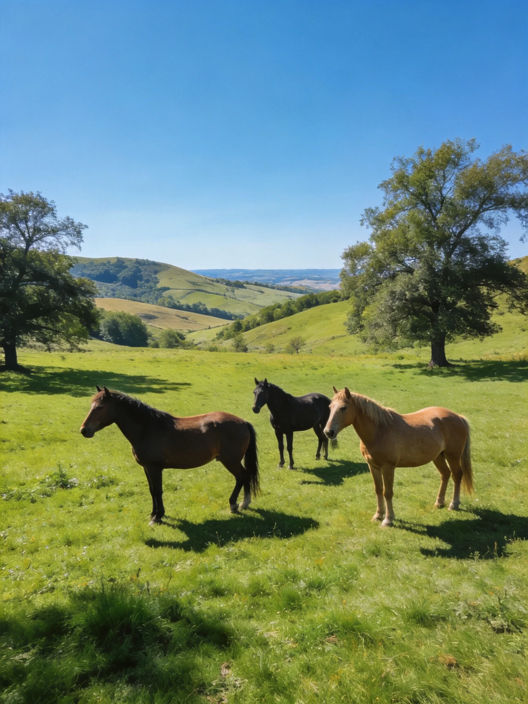 Three horses graze in a lush green meadow with rolling hills and trees