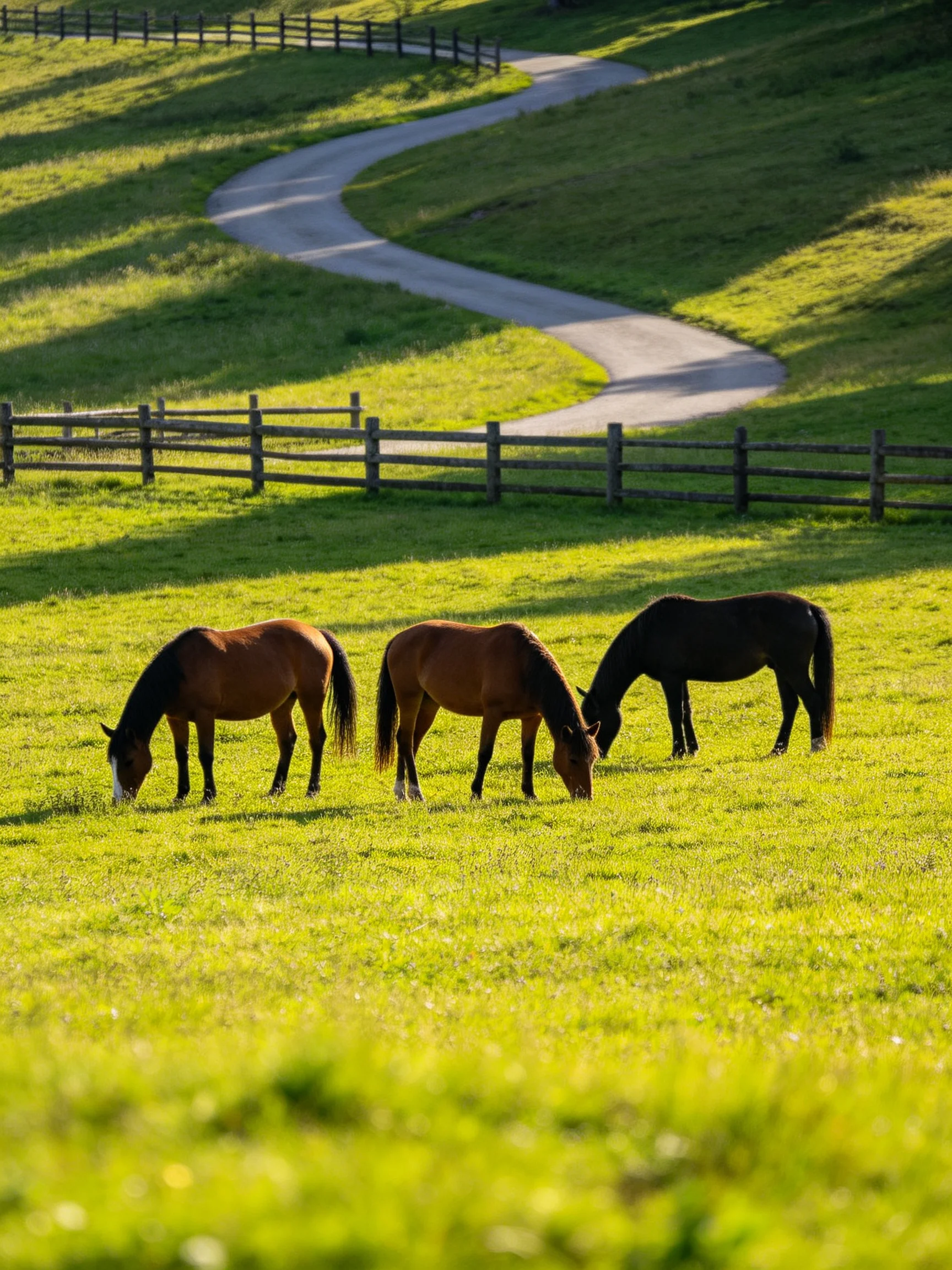 Three horses graze in a sunlit green pasture near a winding path