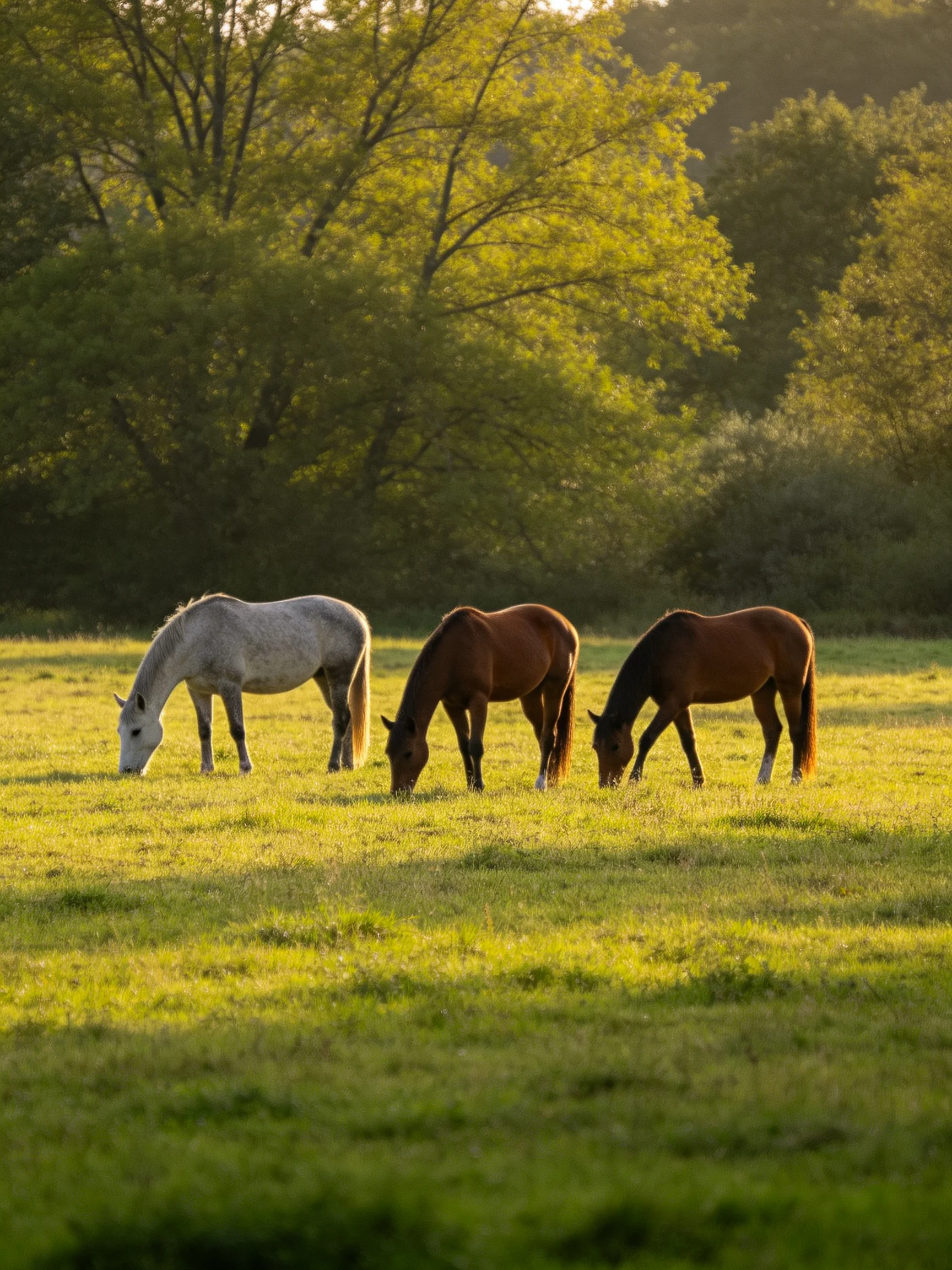 Three horses graze peacefully in a sunlit meadow surrounded by trees