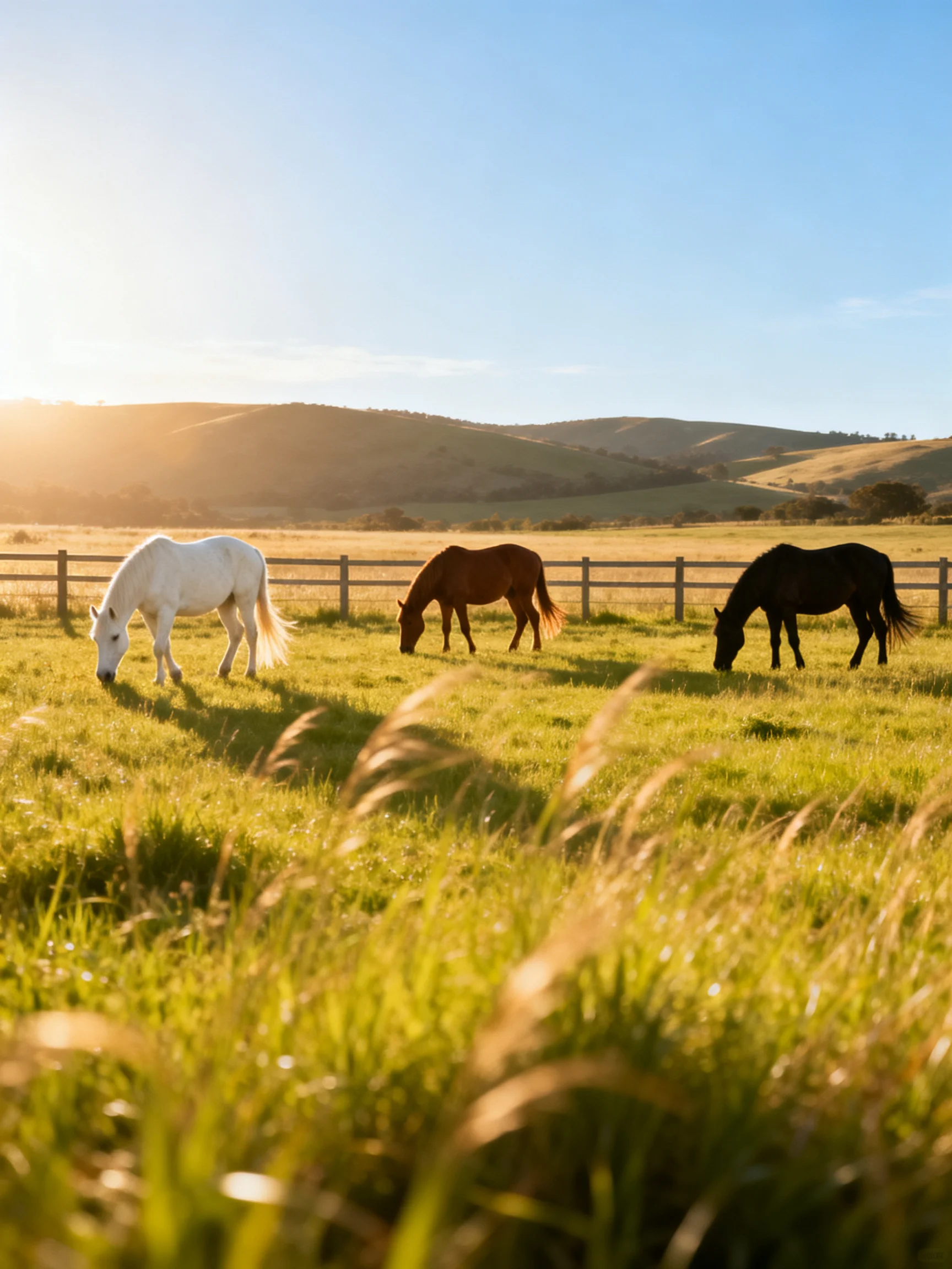 Three horses graze in a sunlit pasture with rolling hills in the background