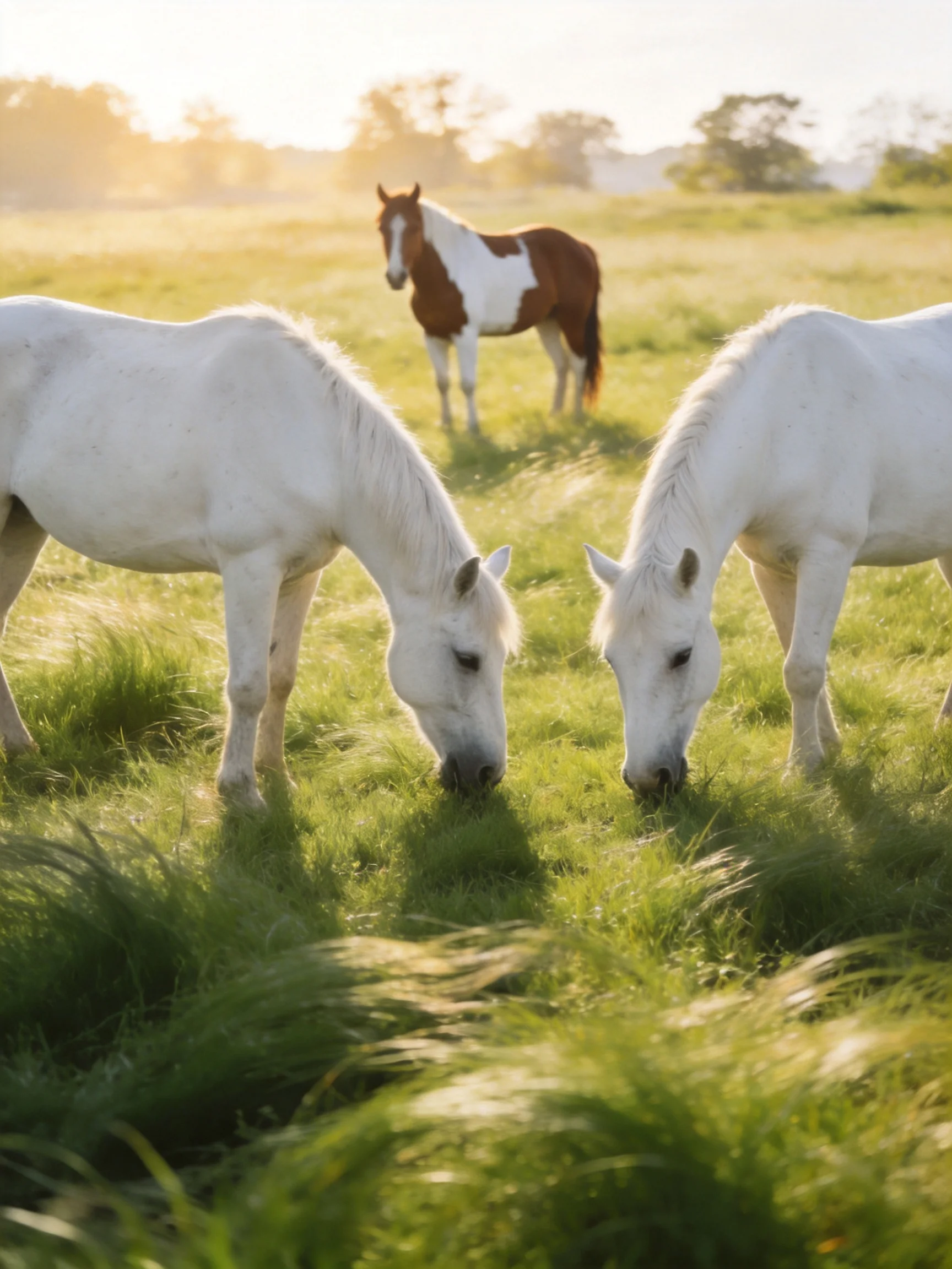 Three horses graze in a sunlit green pasture, two white, one brown-and-white