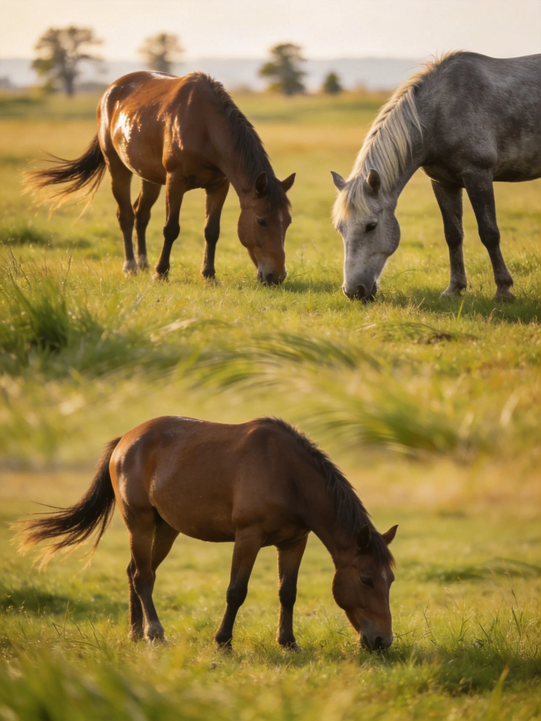 Three horses graze in a sunlit green pasture with brown and gray coats