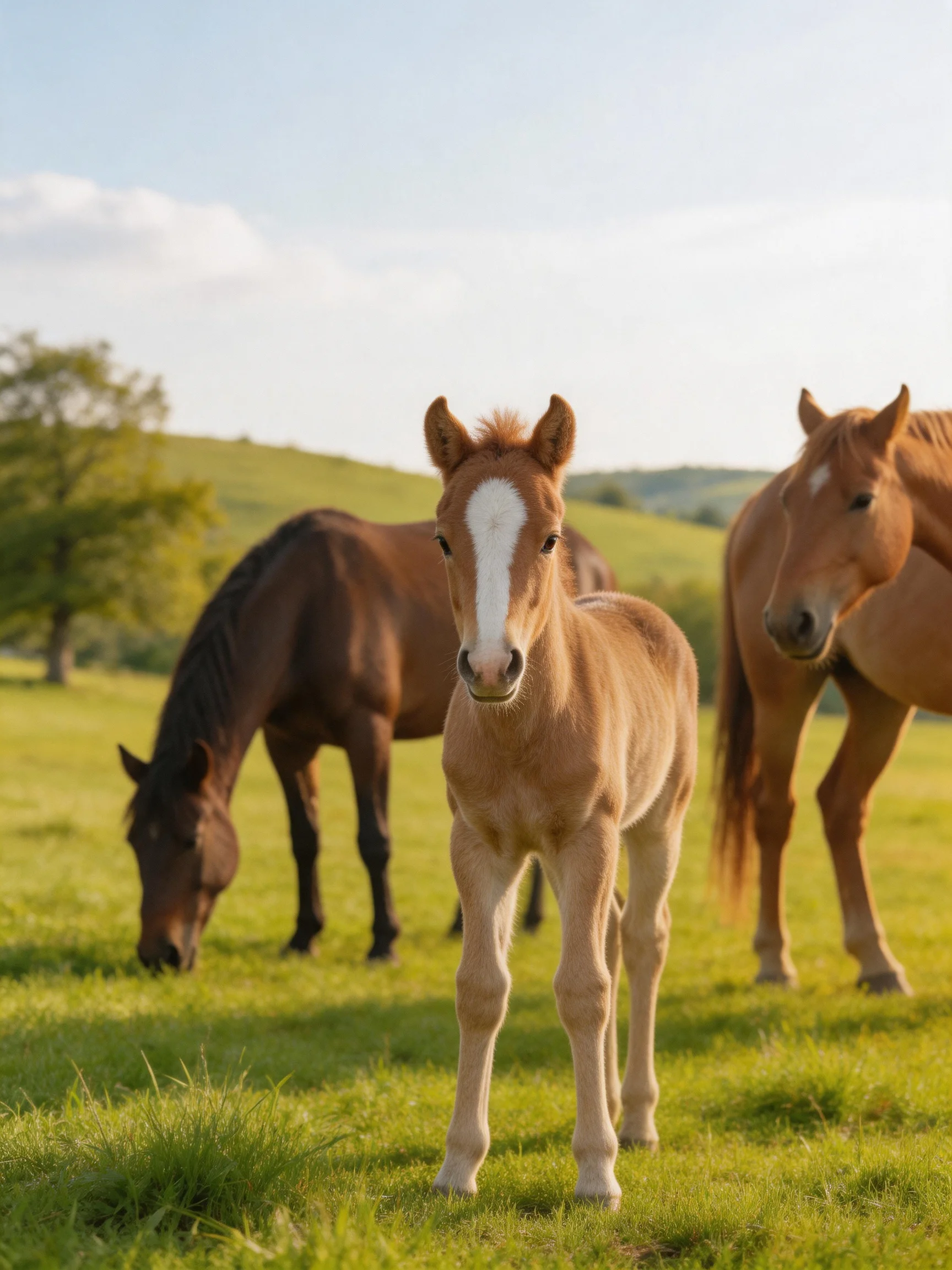 Three horses graze in a sunlit green pasture with rolling hills