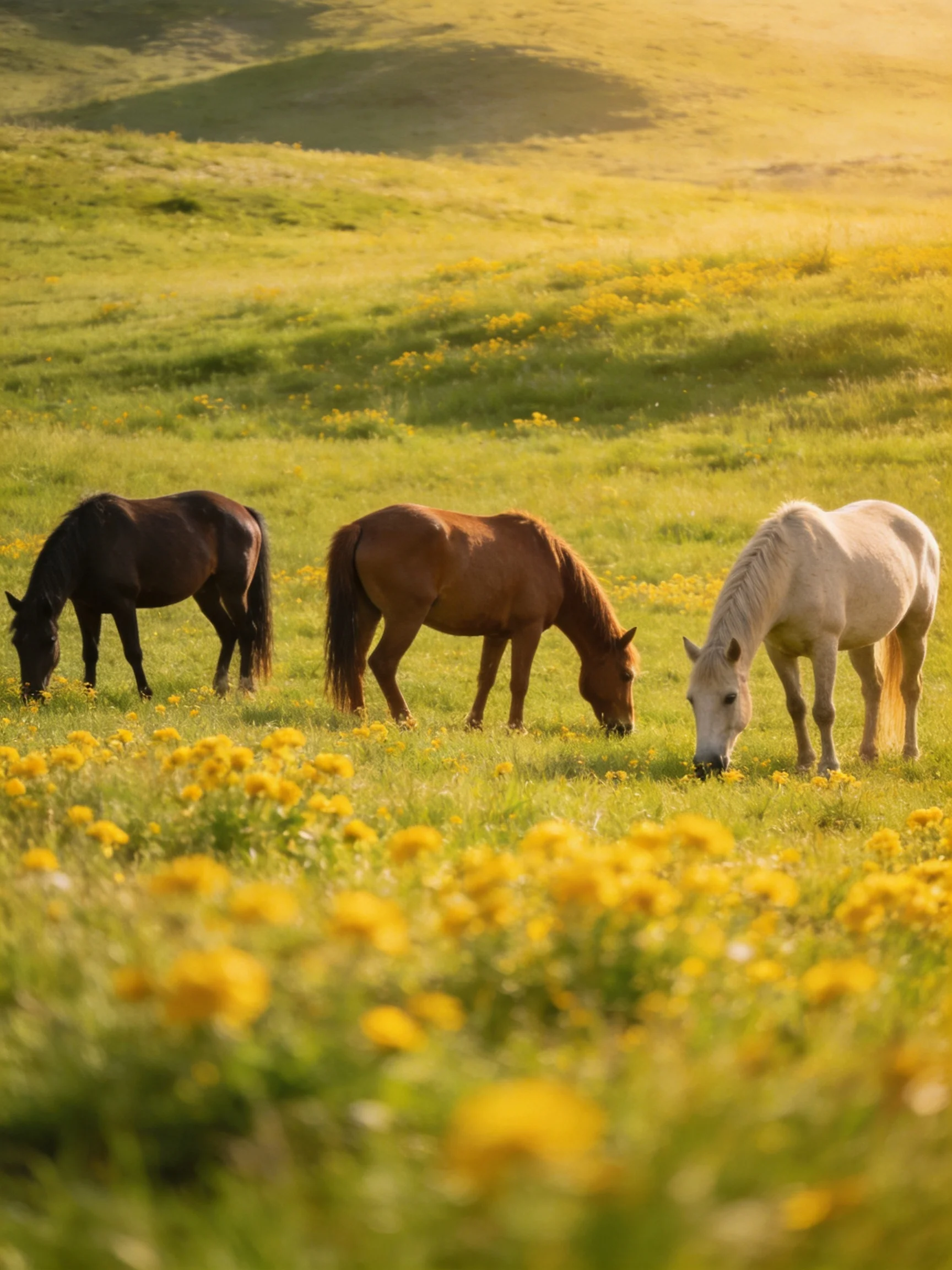 Three horses graze in a sunlit meadow of yellow wildflowers