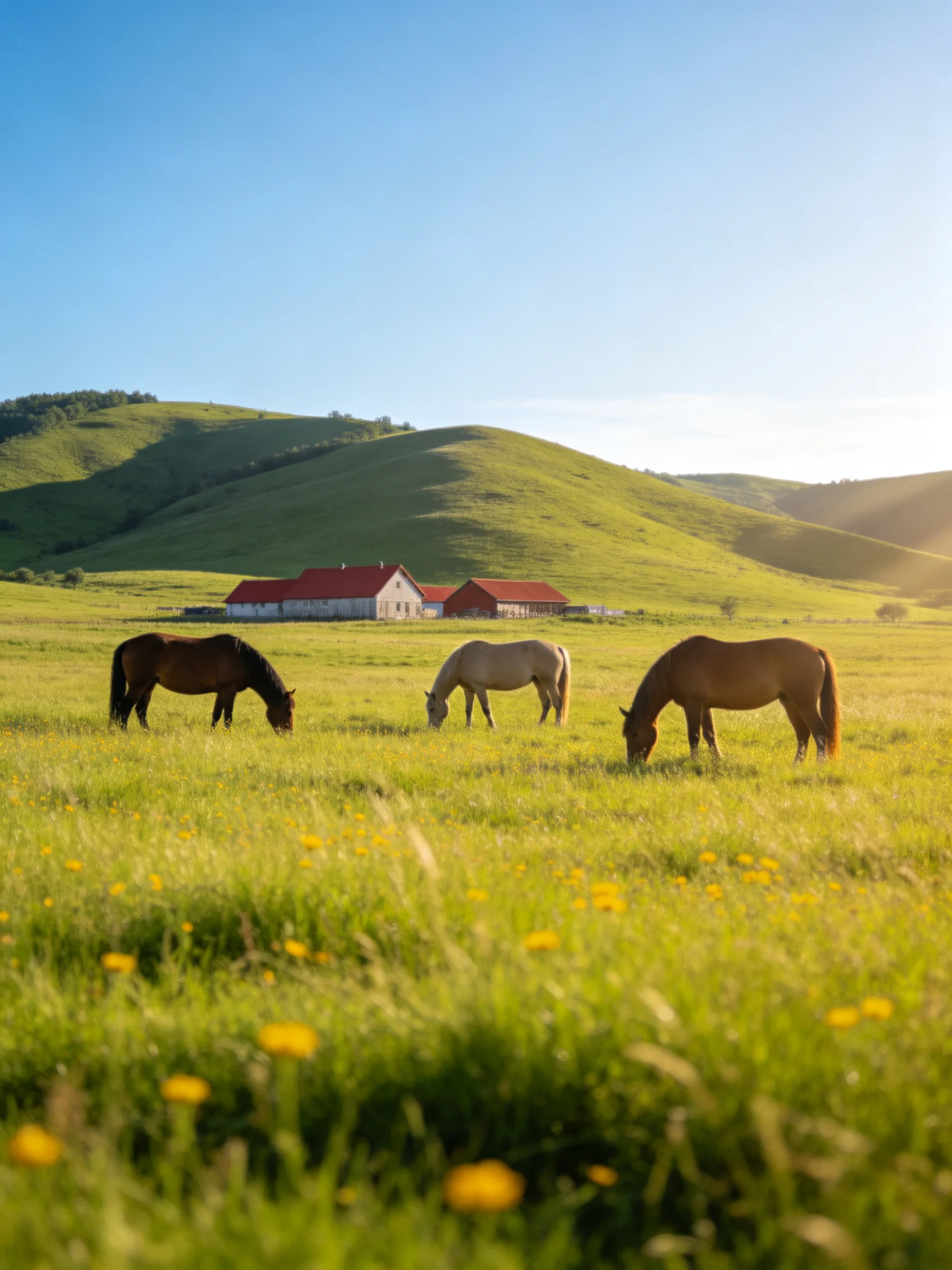 Three horses graze in a sunlit meadow with rolling green hills and red-roofed farmhouses