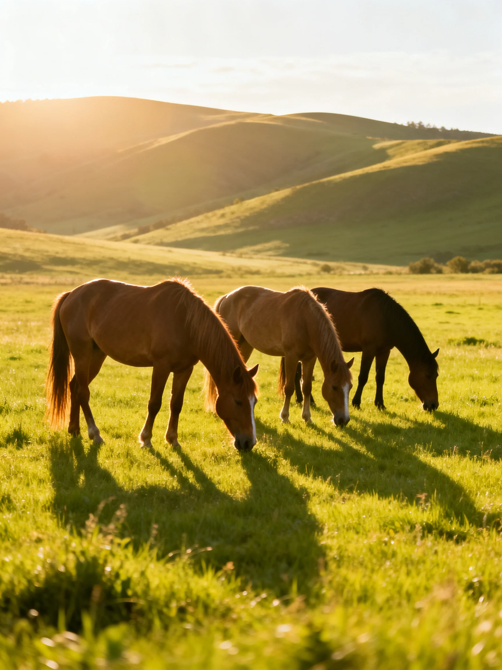 Three horses graze in a sunlit meadow with rolling hills