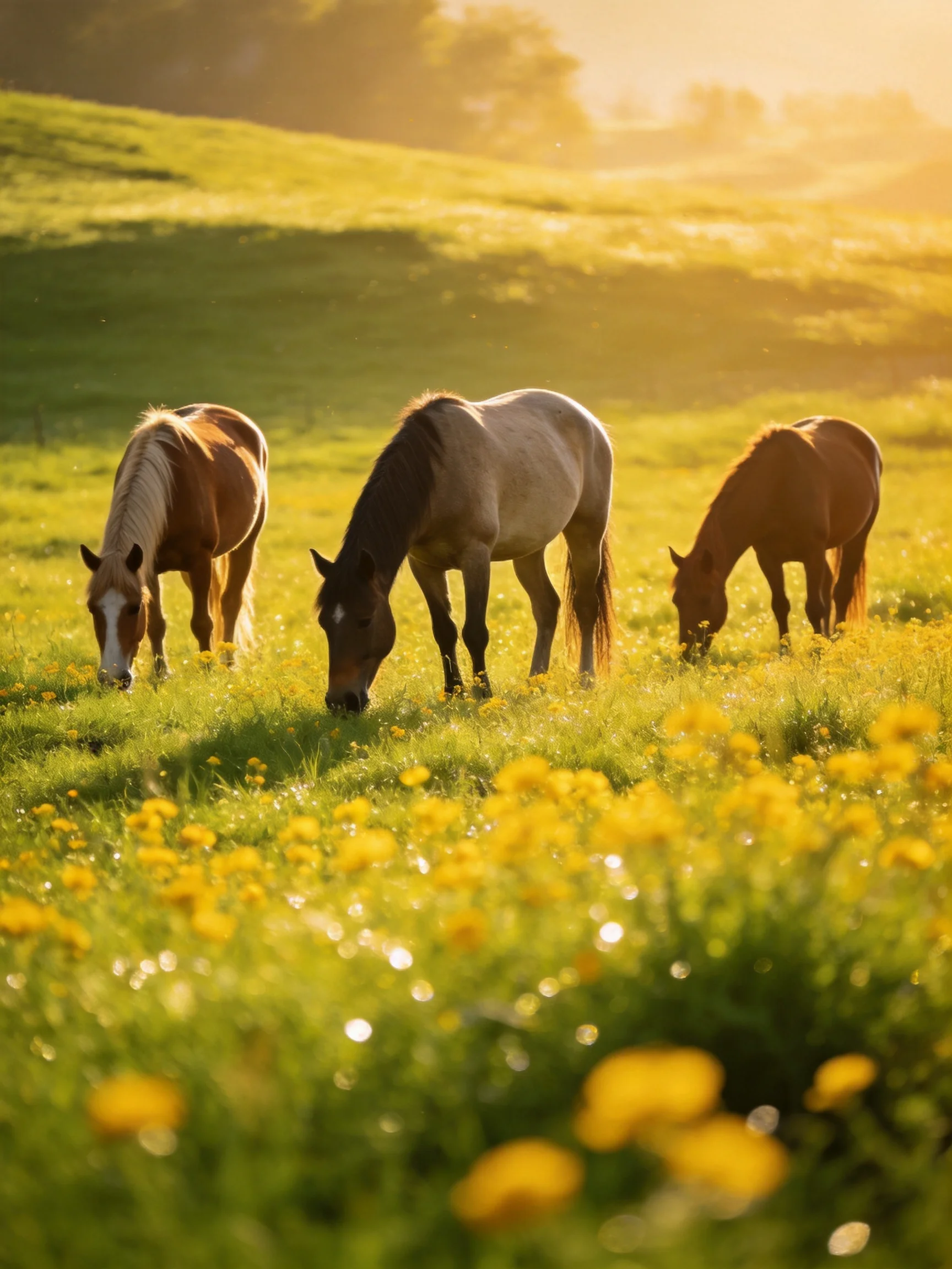 Three horses graze in a sunlit meadow with yellow flowers