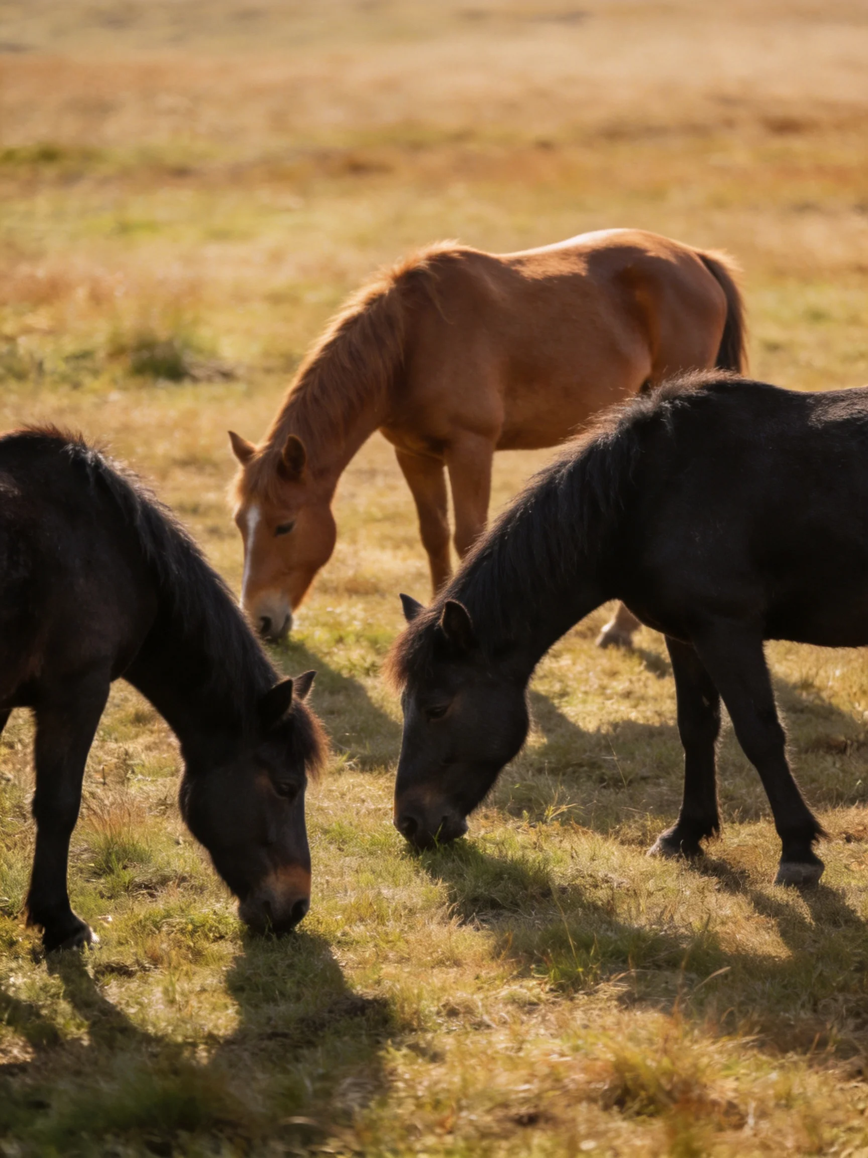 Three horses graze in a sunlit open field of golden grass