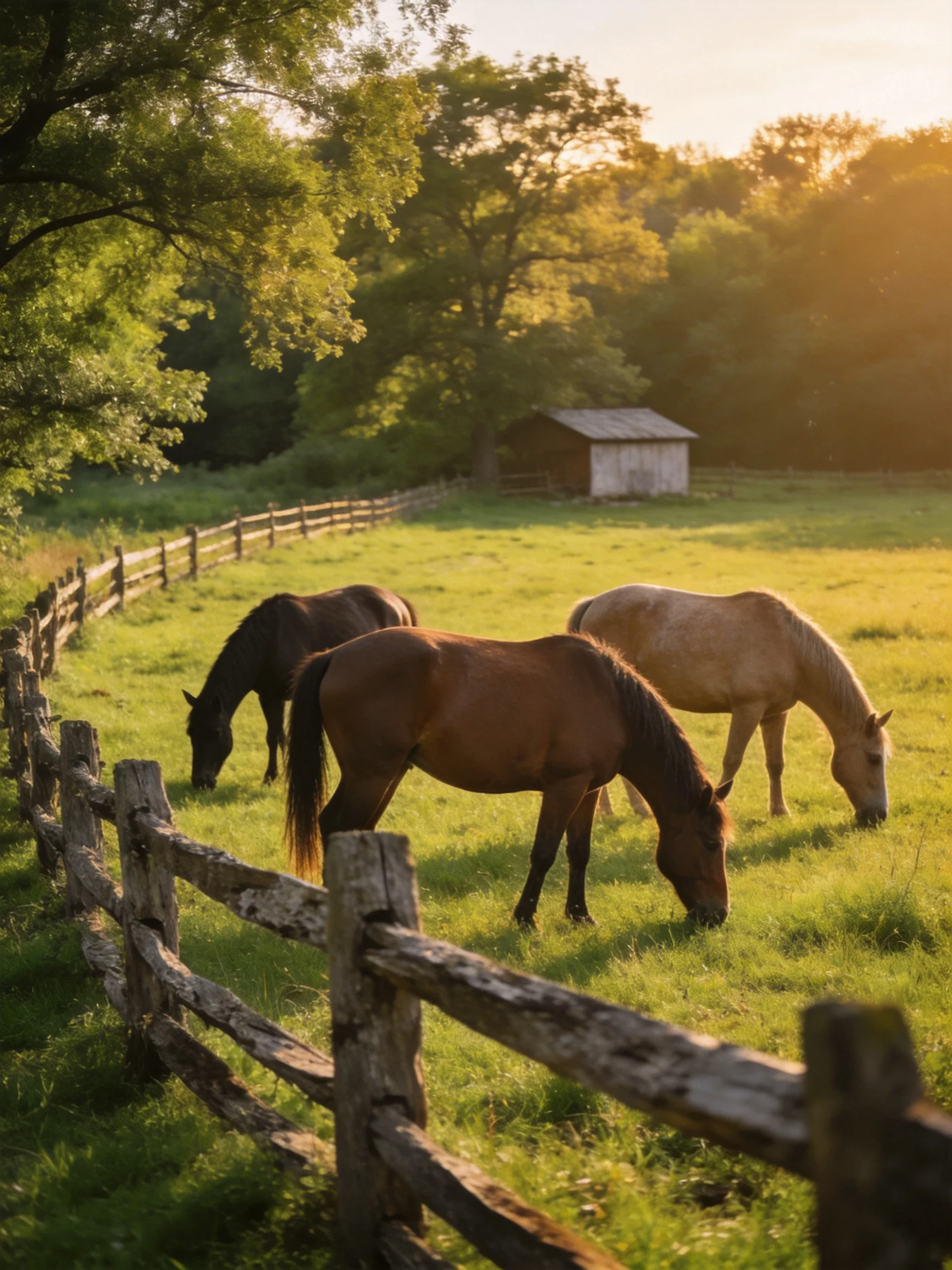 Three horses graze in a sunlit pasture enclosed by a wooden fence.