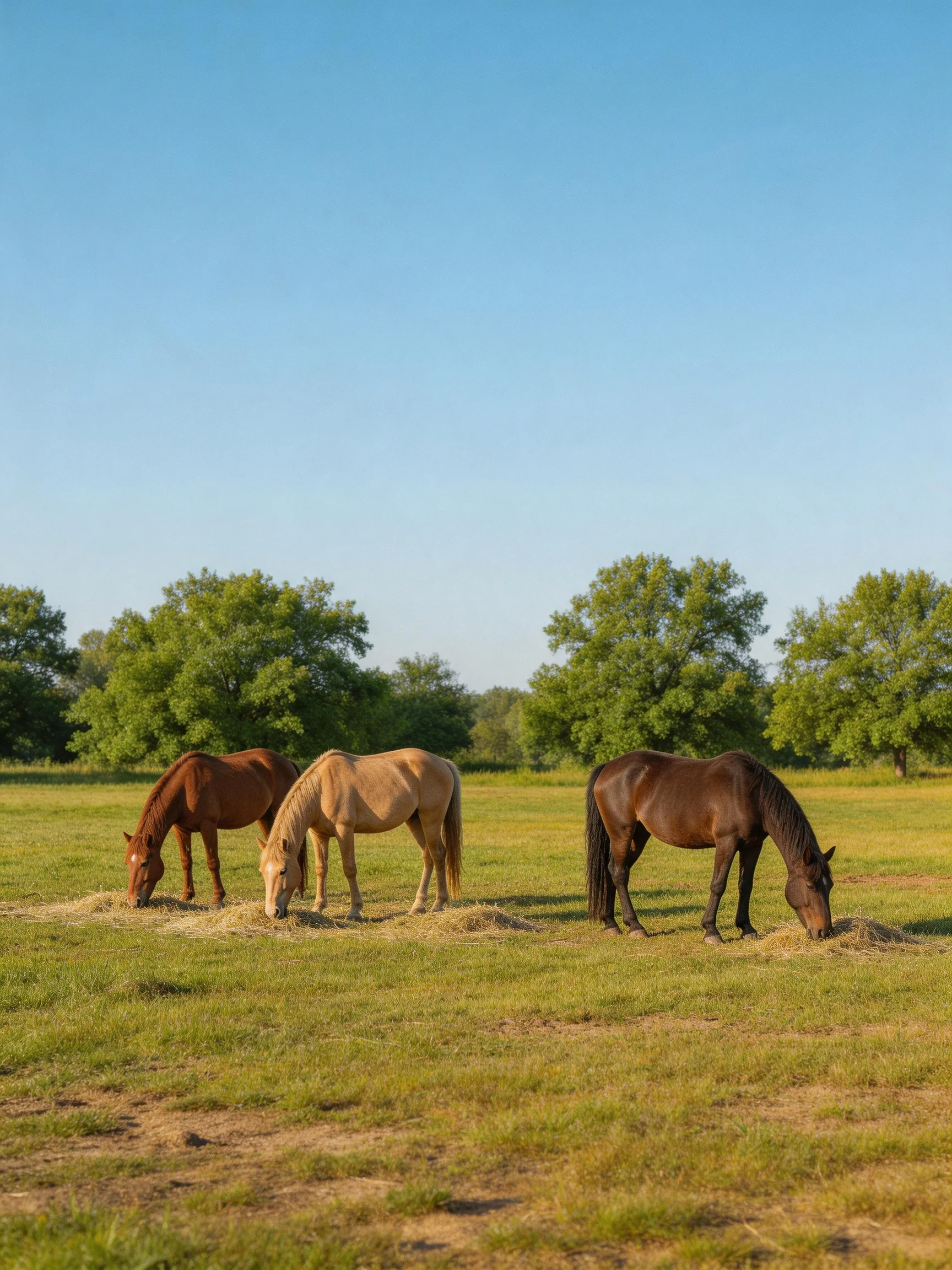 Three horses graze in a sunlit pasture with trees