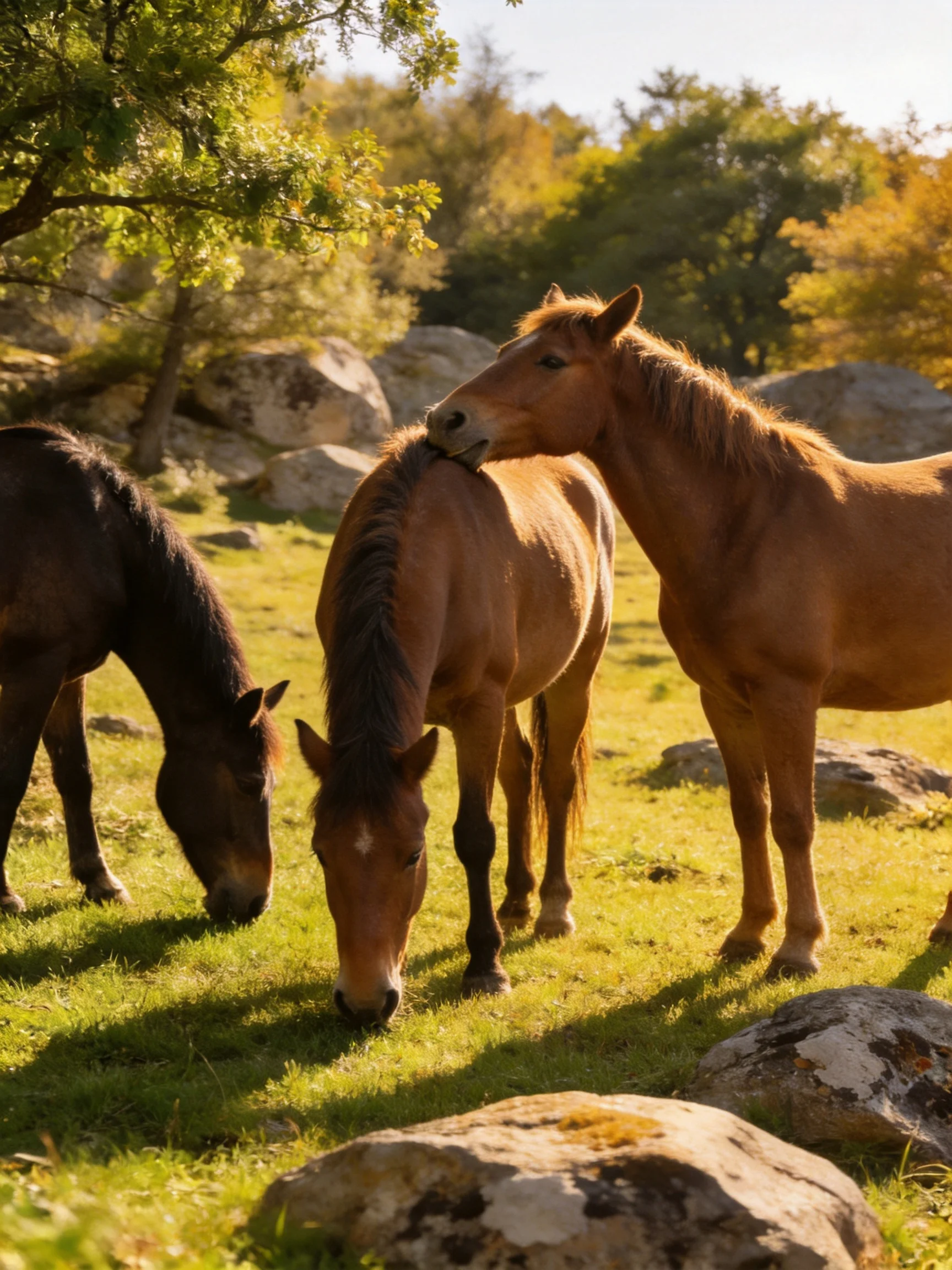 Three horses graze in a sunlit rocky meadow with colorful trees