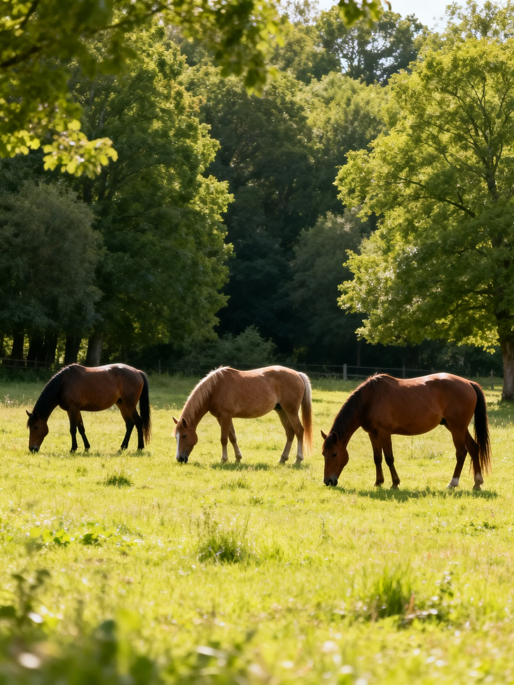 Three horses graze in a sunlit, verdant meadow surrounded by lush trees