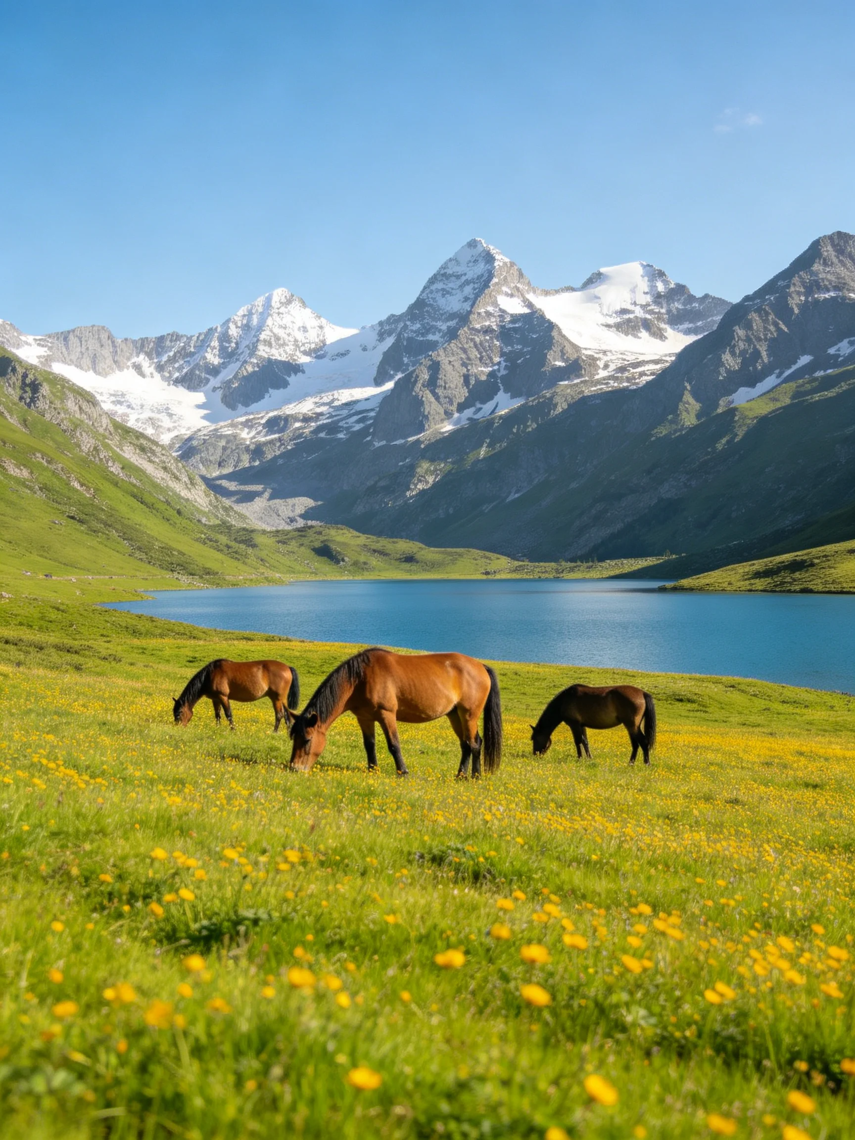 Three horses graze in a colorful meadow next to a blue lake with tall snow-capped mountains