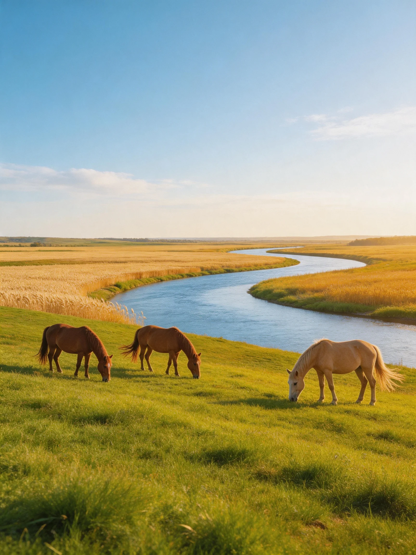 Three horses graze near a winding blue river in golden fields