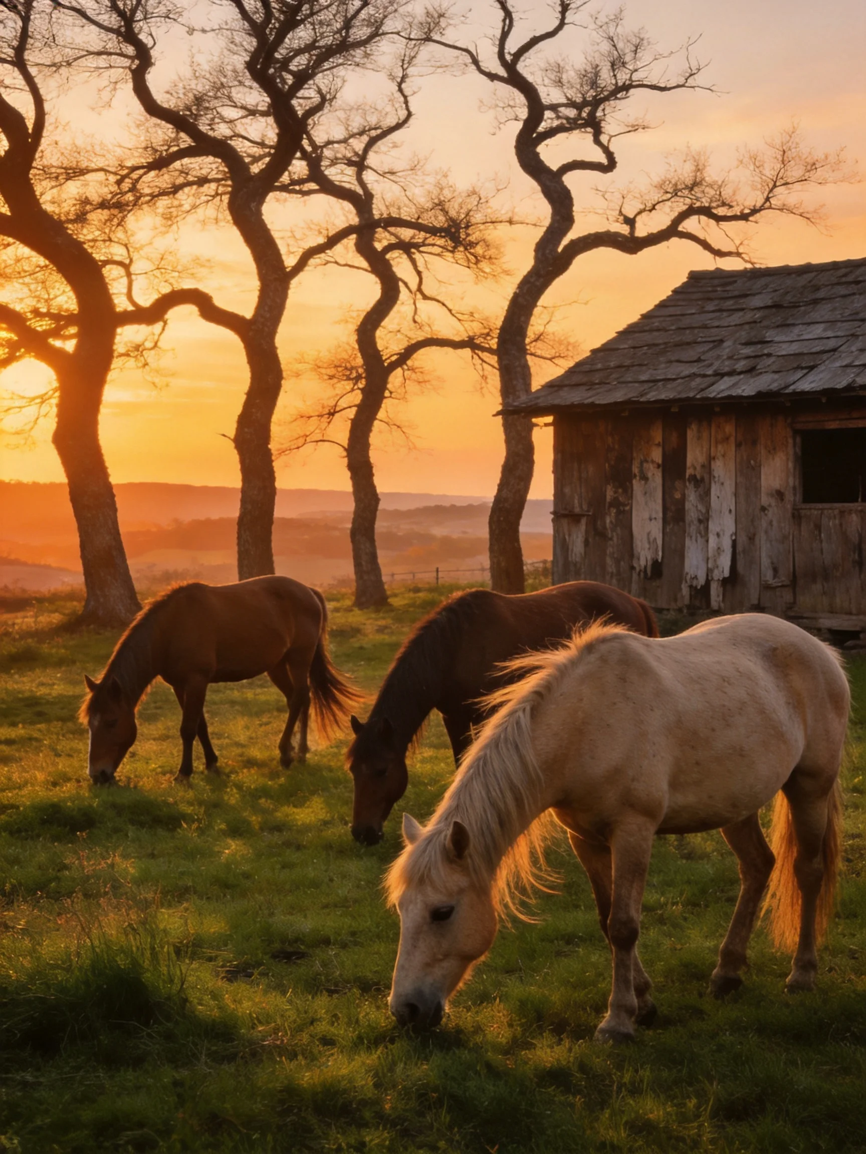 Three horses graze near an old wooden barn at sunset