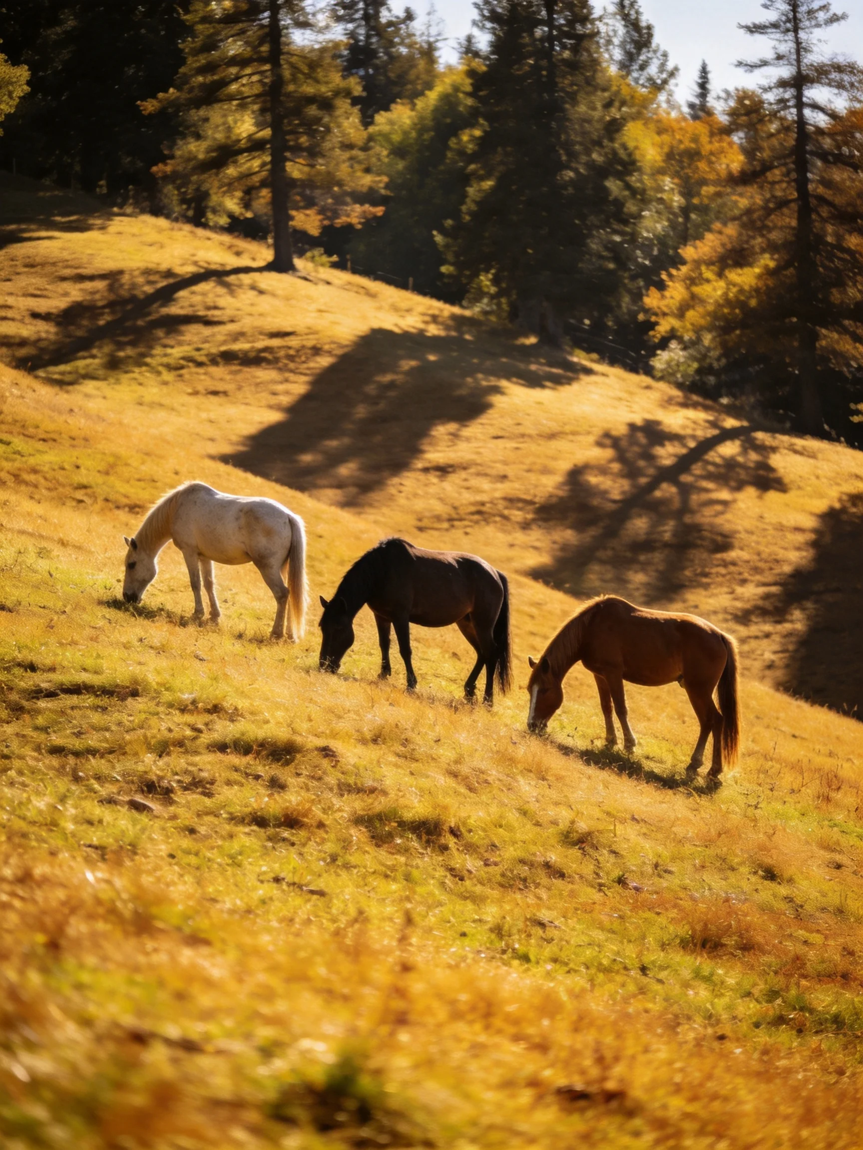 Three horses graze on a golden autumn hillside near tall trees