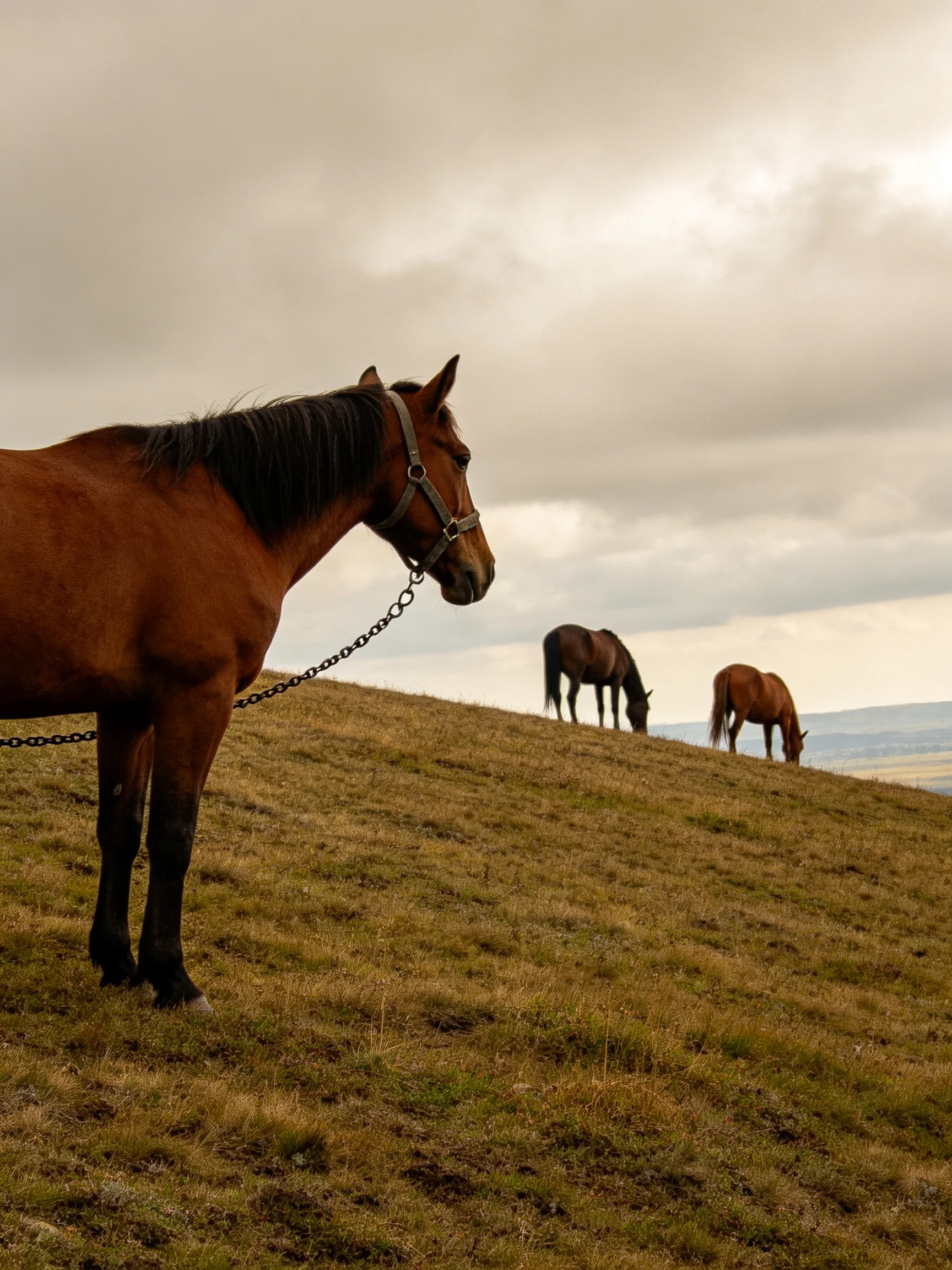 Three horses graze on a grassy hillside under overcast skies
