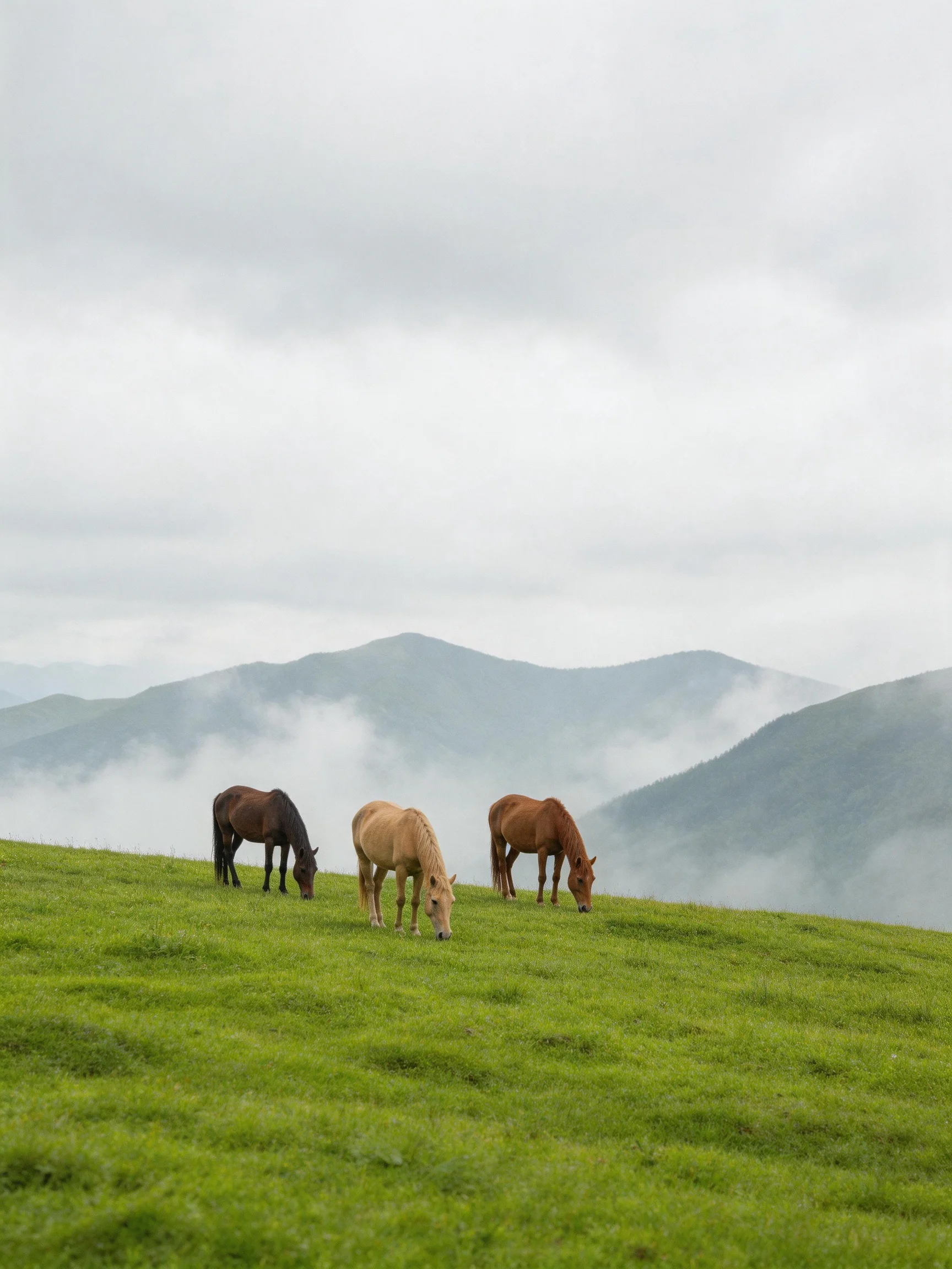 Three horses graze on a lush green hillside with misty mountains