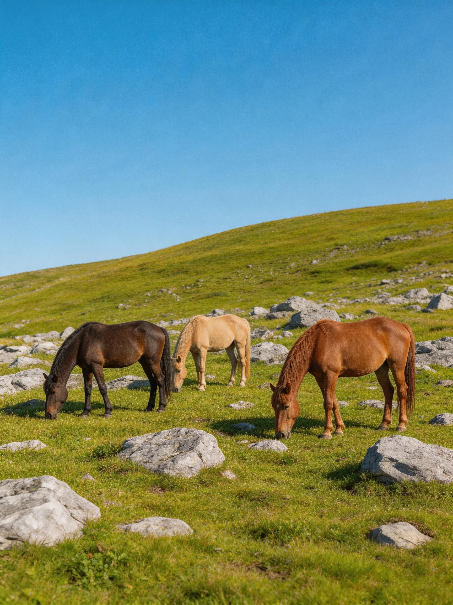 Three horses graze on a rocky green hillside under clear blue sky