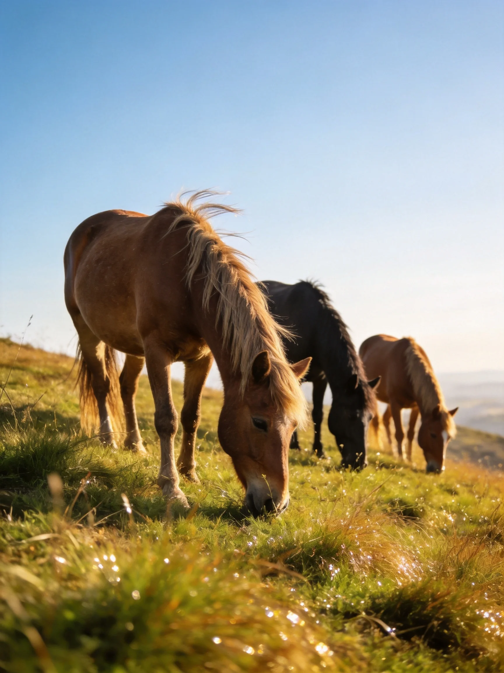 Three horses graze on a sunlit green hillside