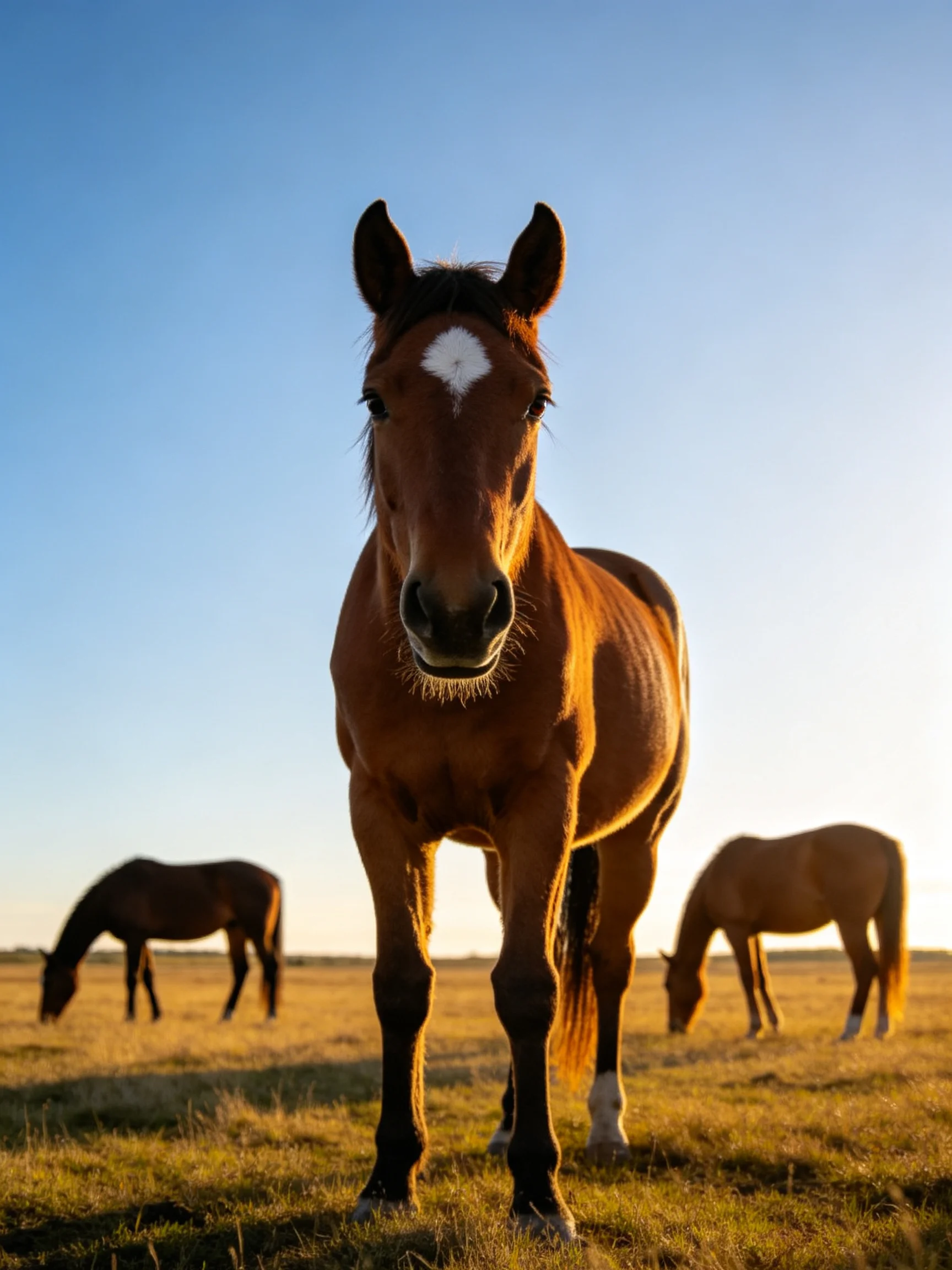 Three horses in a golden field, a close - up brown horse under blue sky