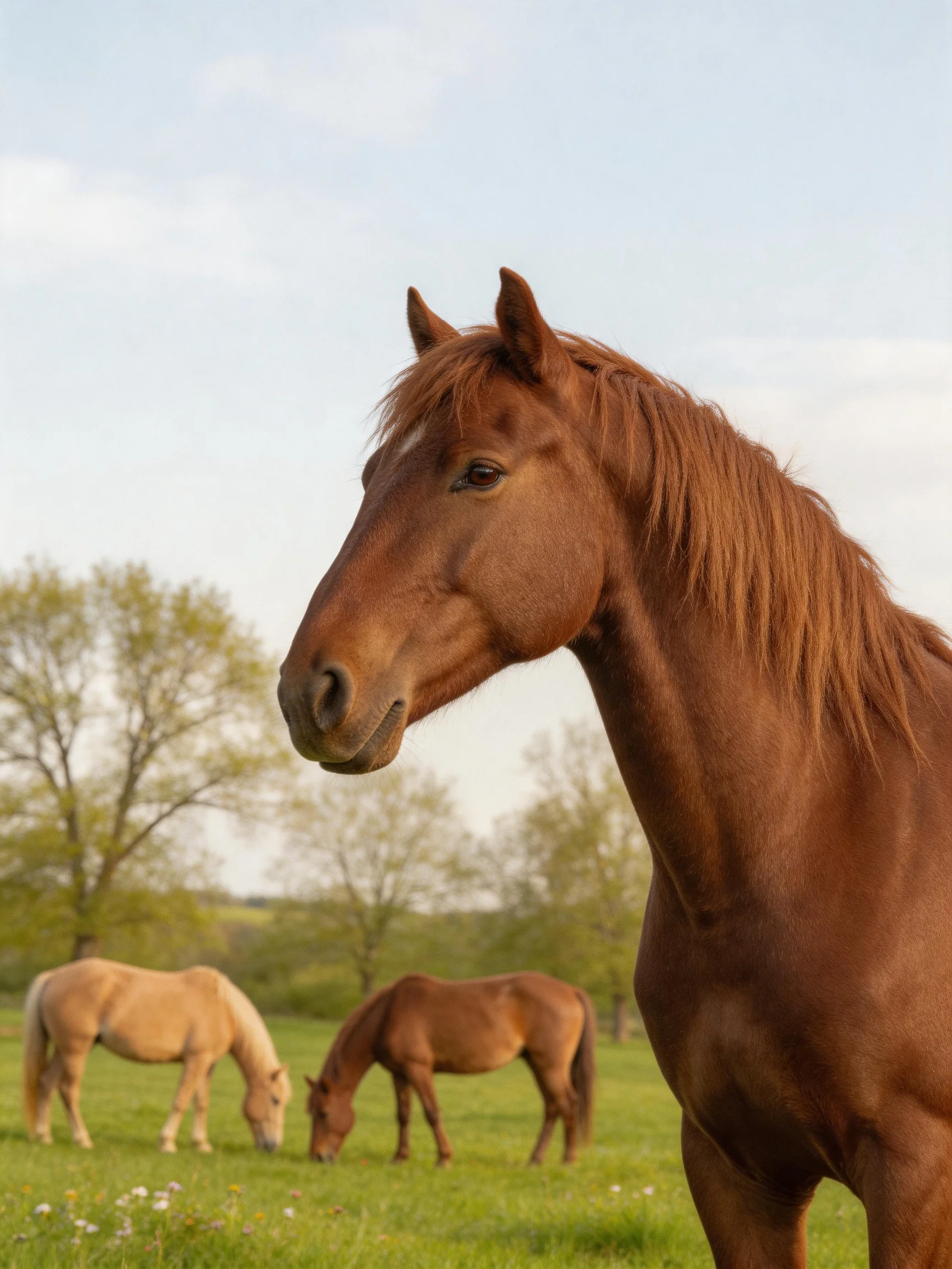 Three horses graze in a sunlit green pasture near trees