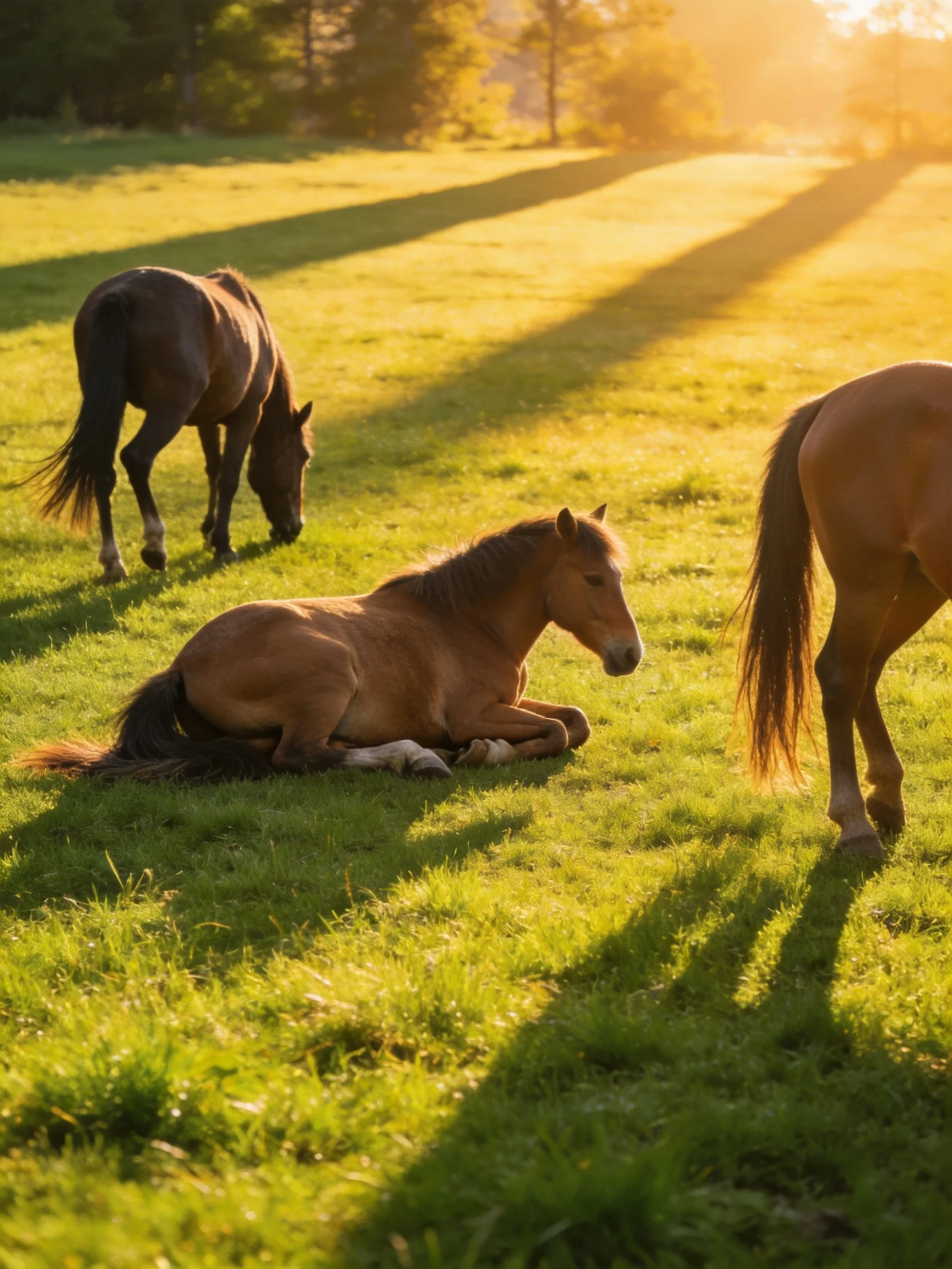 Three horses in and graze in a sun-drenched green pasture