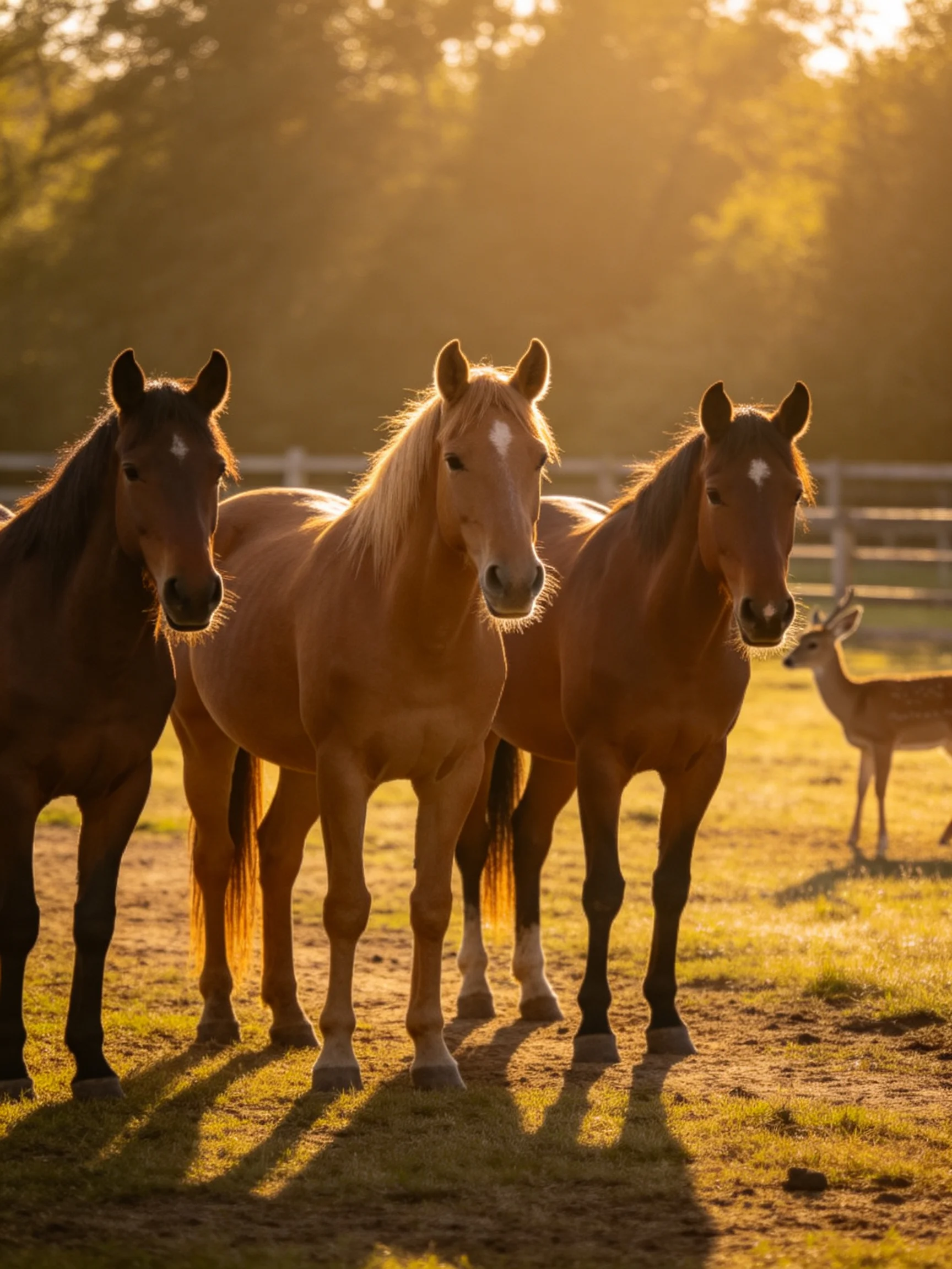 Three horses in golden-hour light with a deer nearby