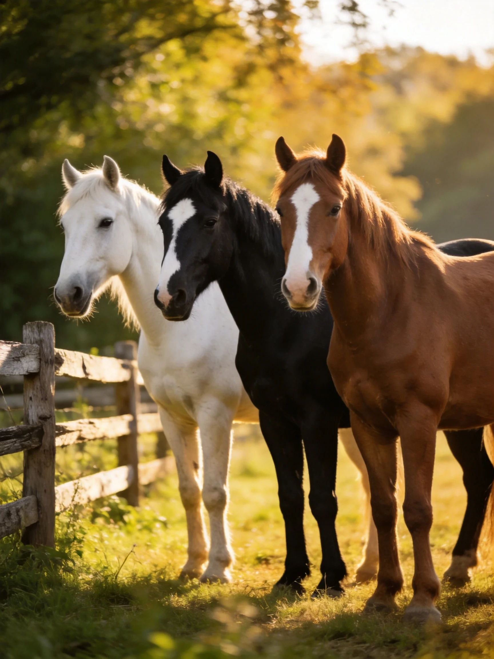 Three horses in white, black, and brown hues near a wooden fence