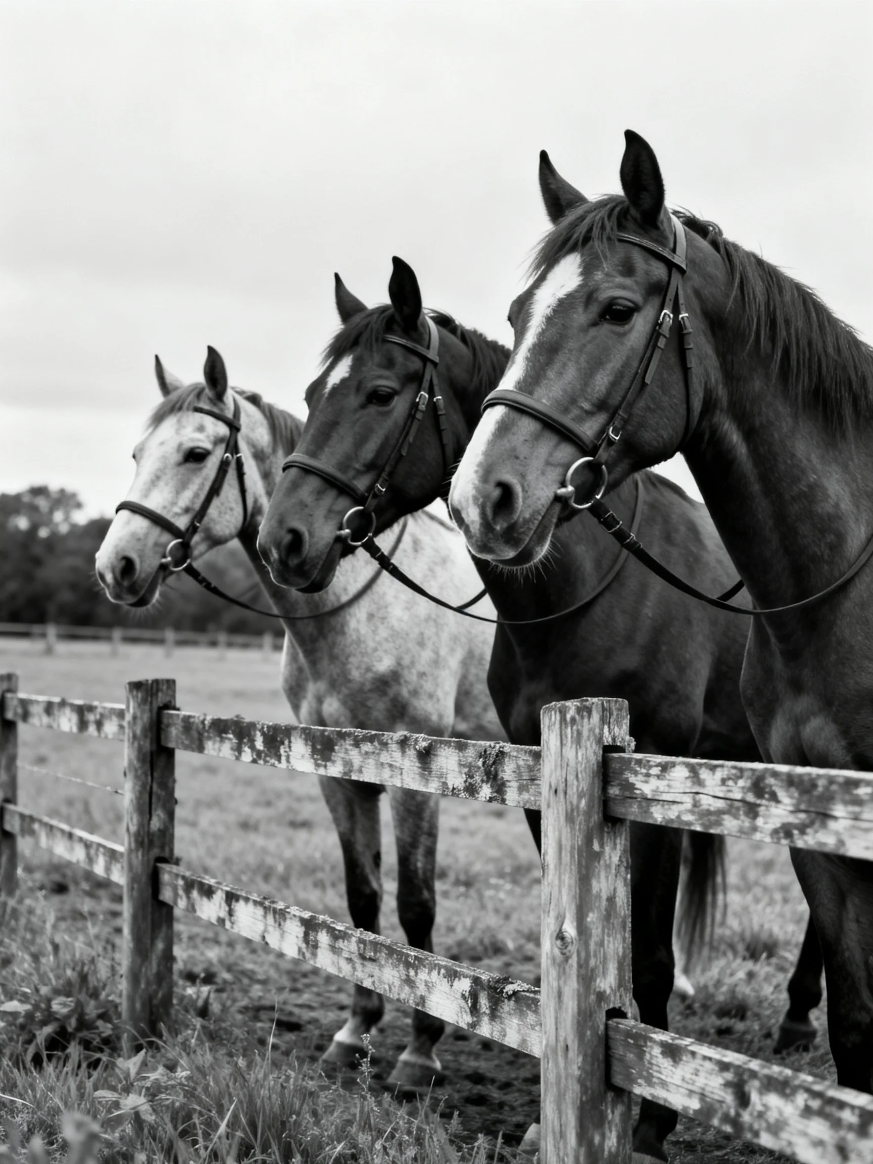 Three horses near a weathered wooden fence in monochrome
