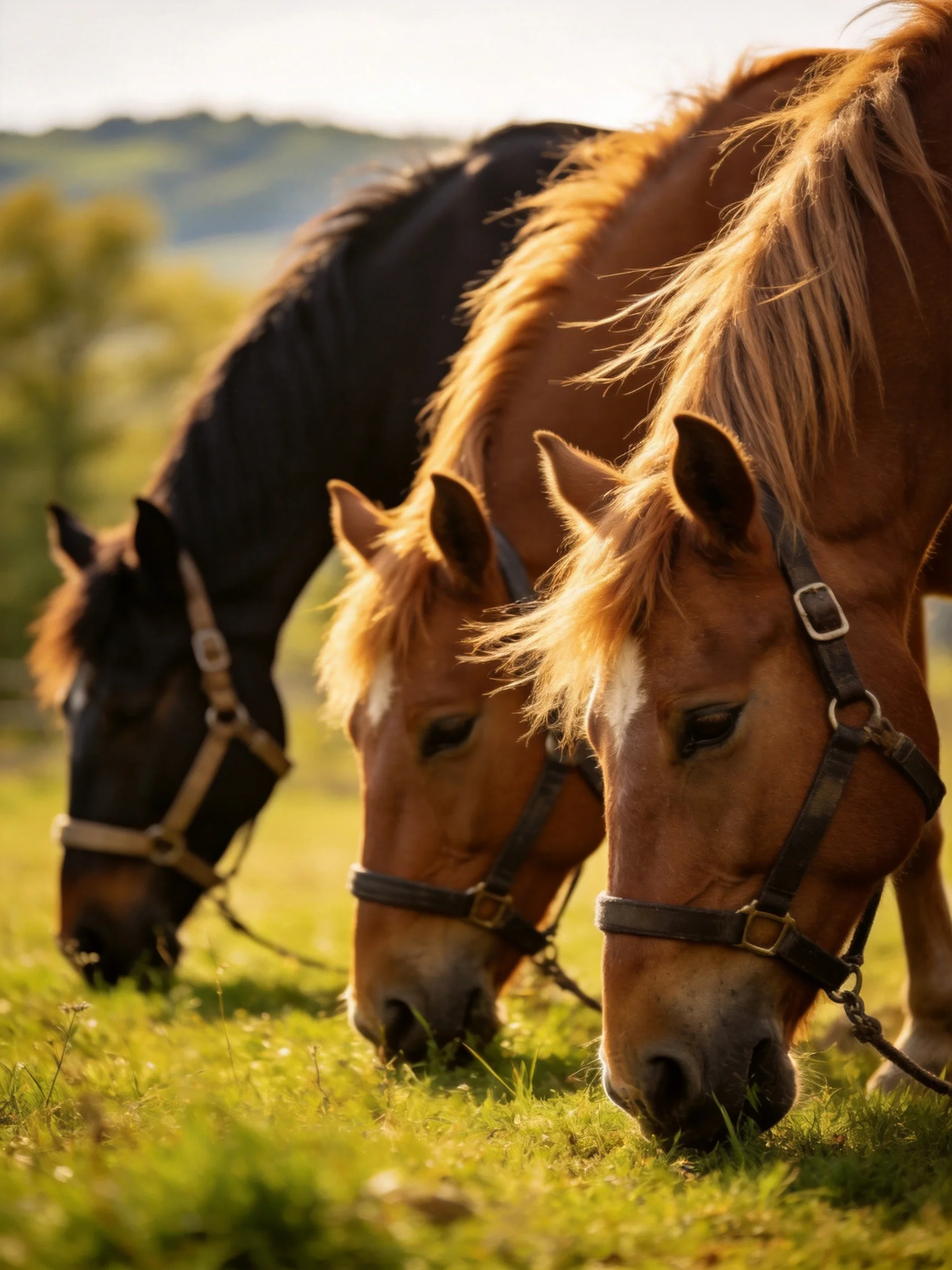 Three horses graze together in a sun-drenched field.