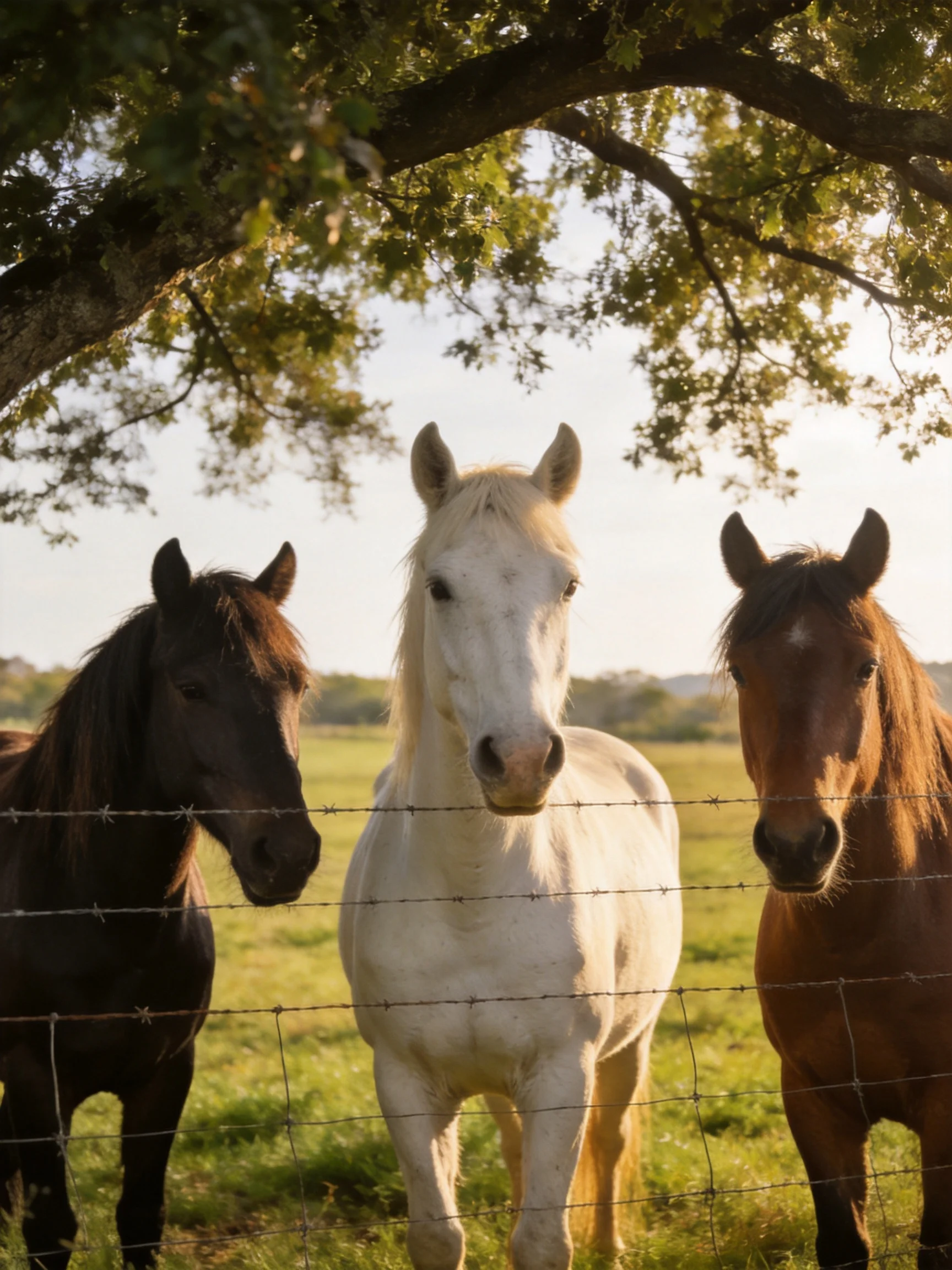 Three horses of different colorsstand behind a barbed wire fence in an open field