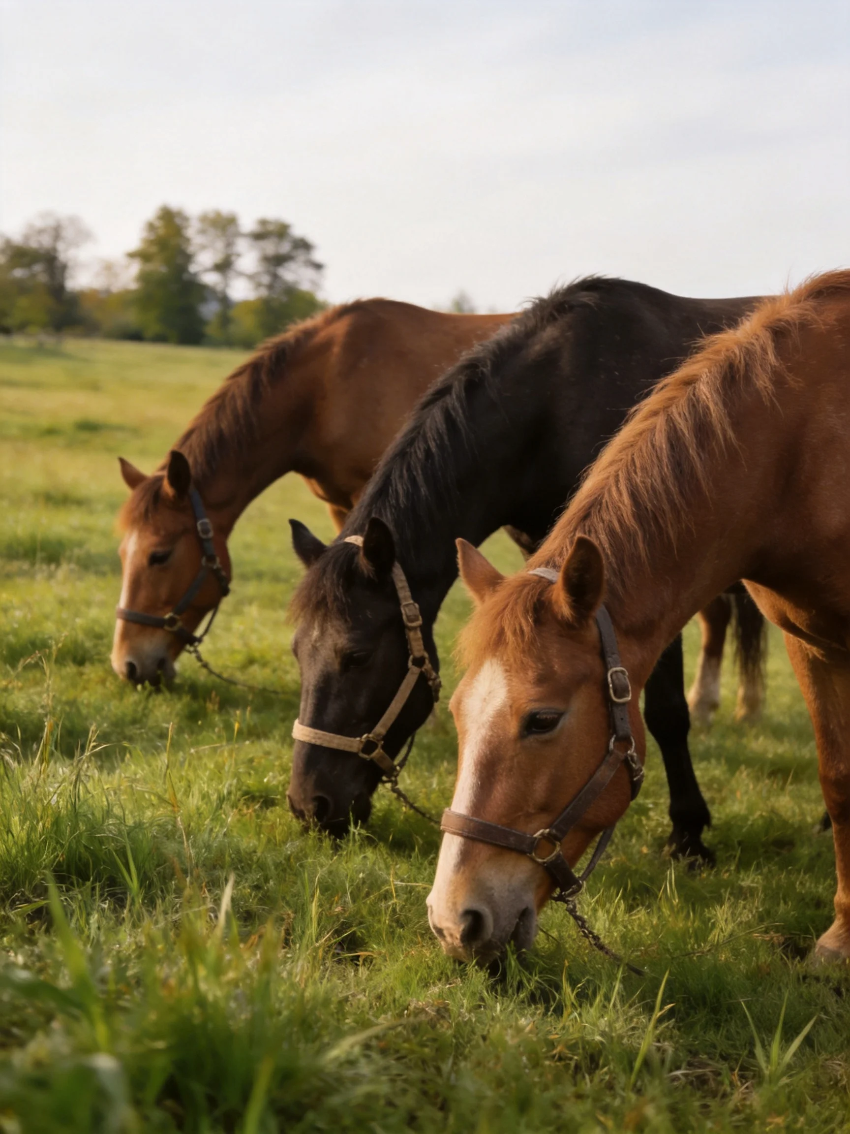 Three horses graze together in a sunlit green pasture.