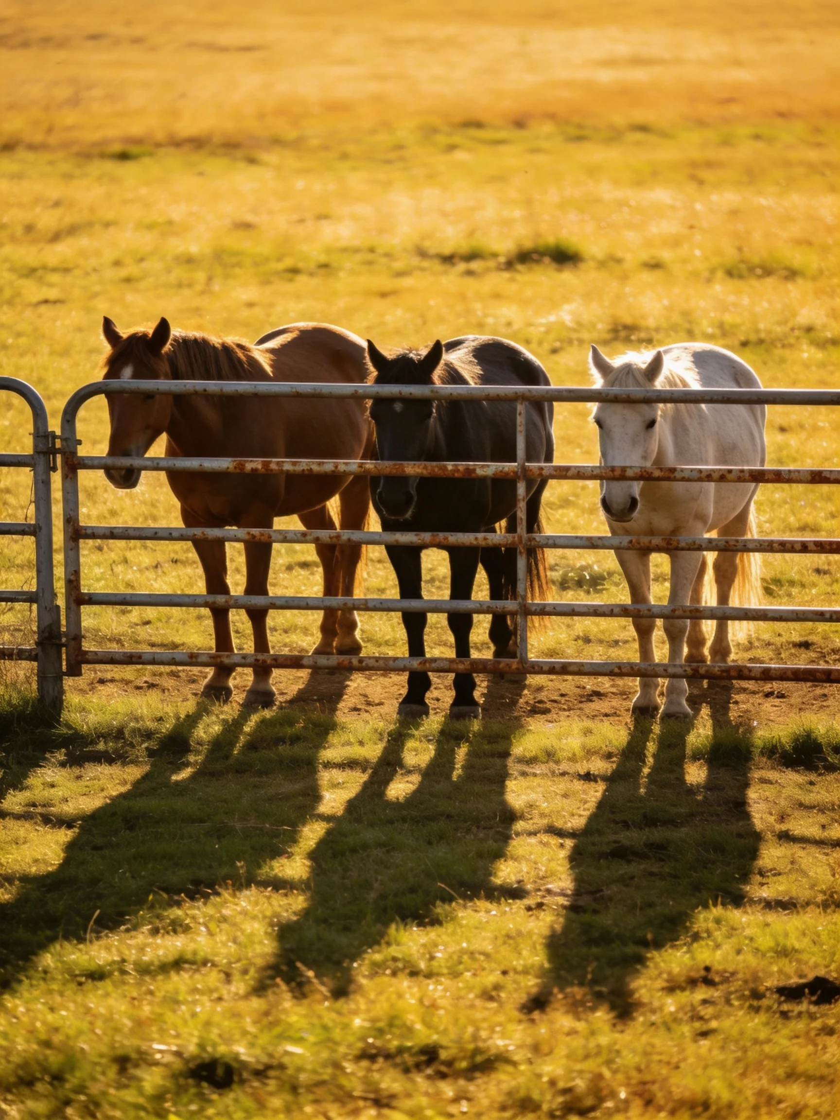 Three horses of different colors stand beside a metal fence in a sunlit field field.