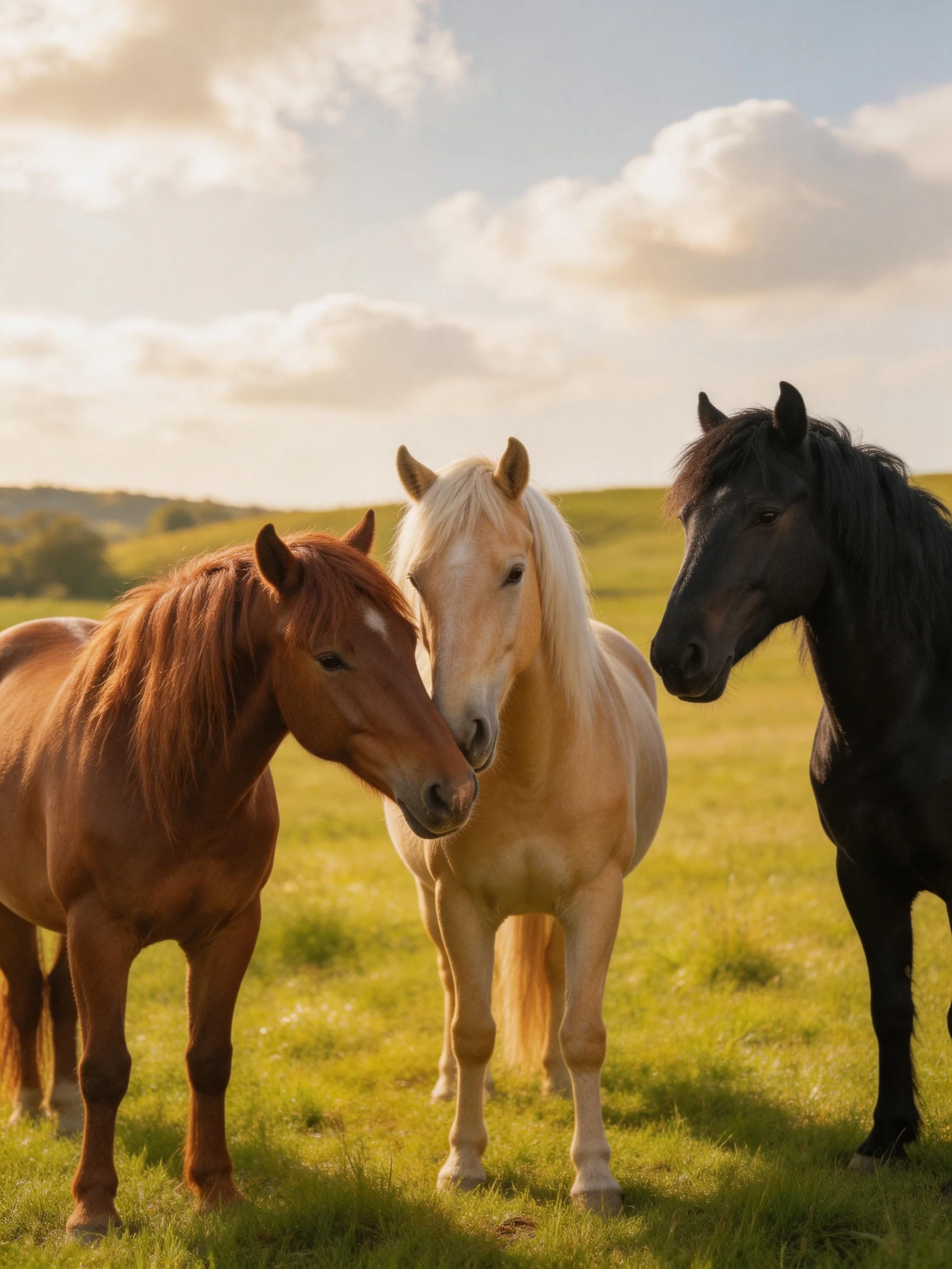 Three horses of brown, blonde, and black in a sunlit meadow